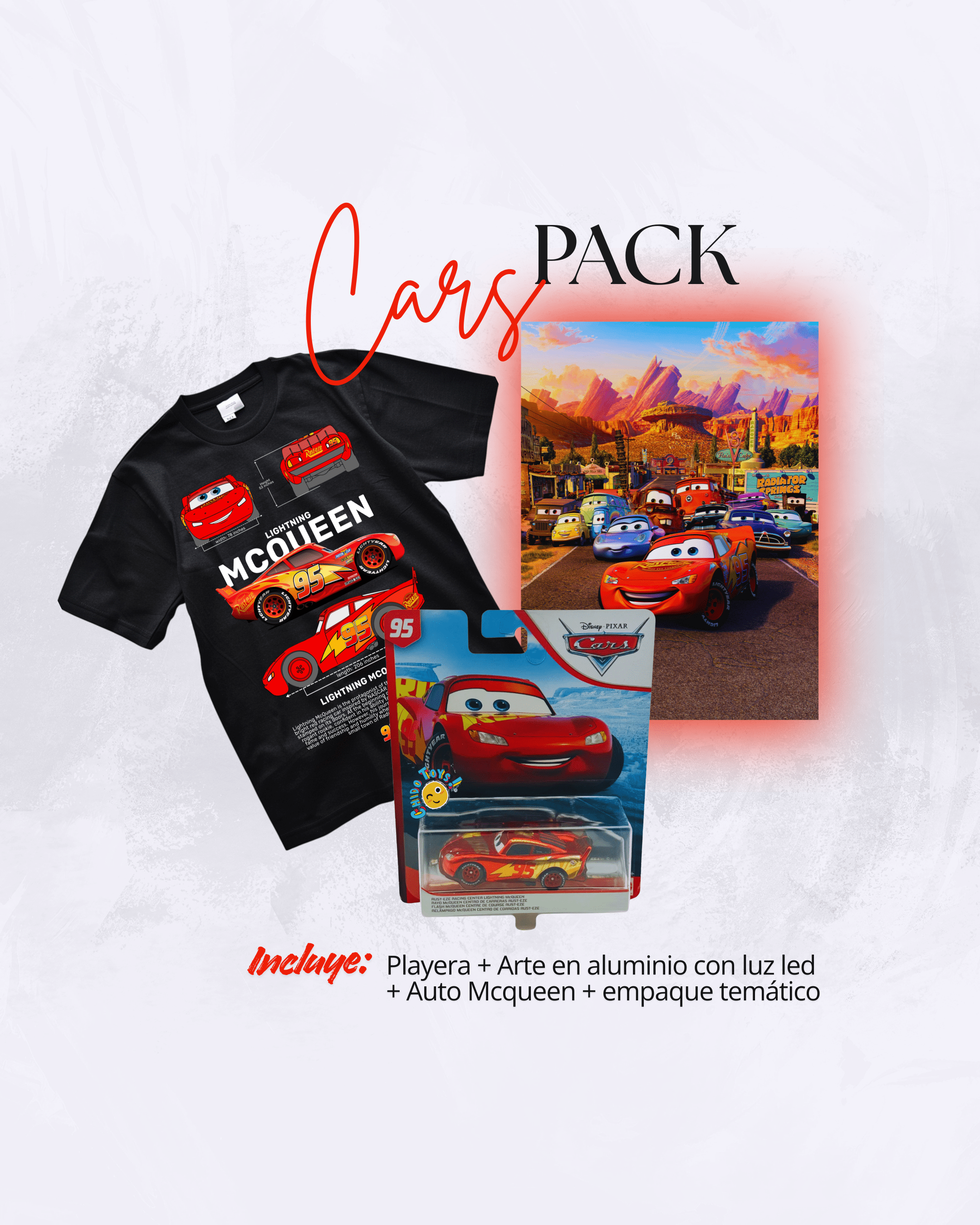 Cars Pack – Playera + Arte en Aluminio con LED 30×40 + Auto Lightning McQueen + Empaque temático (regalo listo) - Chido Toys