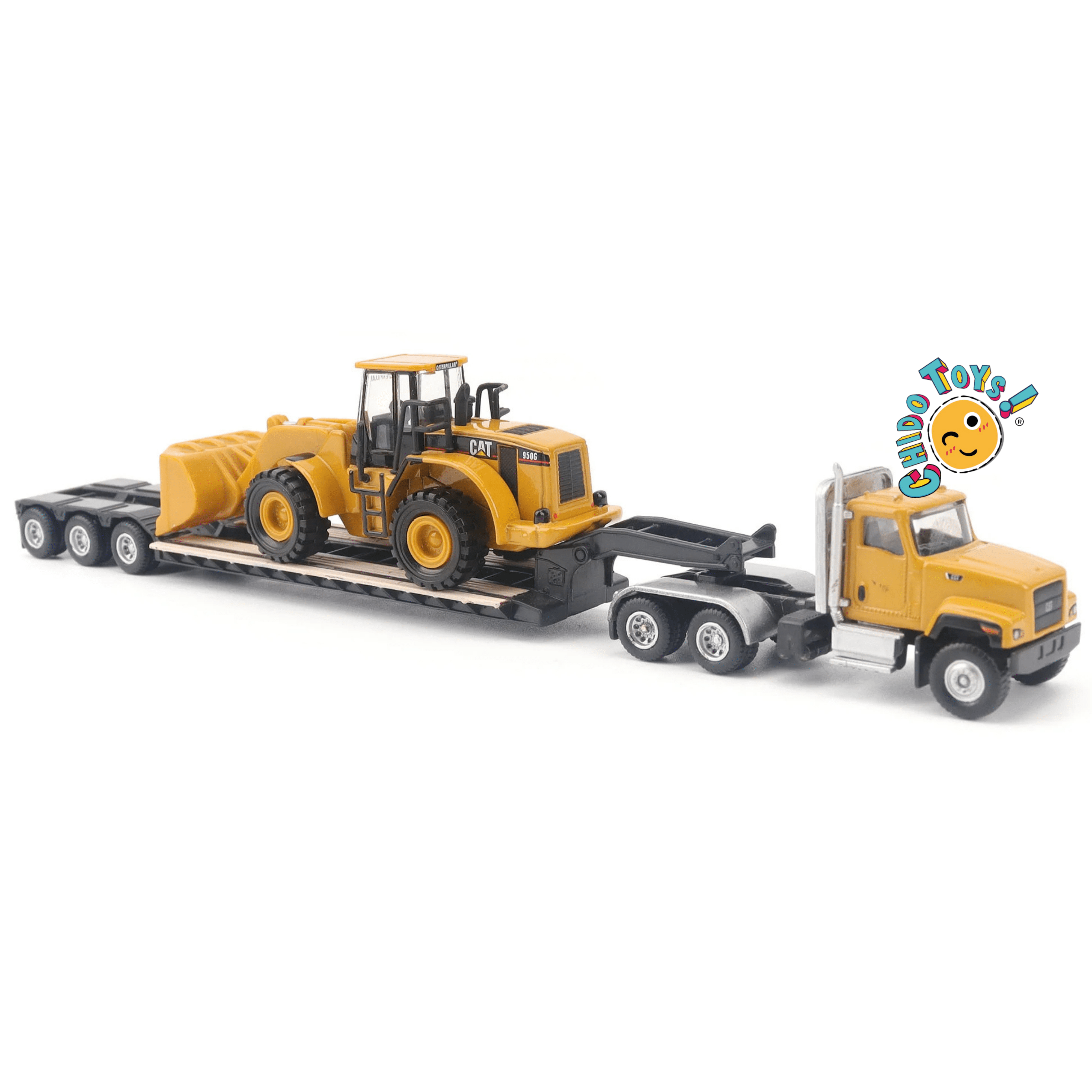 CAT Semi tractor con lowboy y cargador frontal 1:87 diecast - Chido Toys