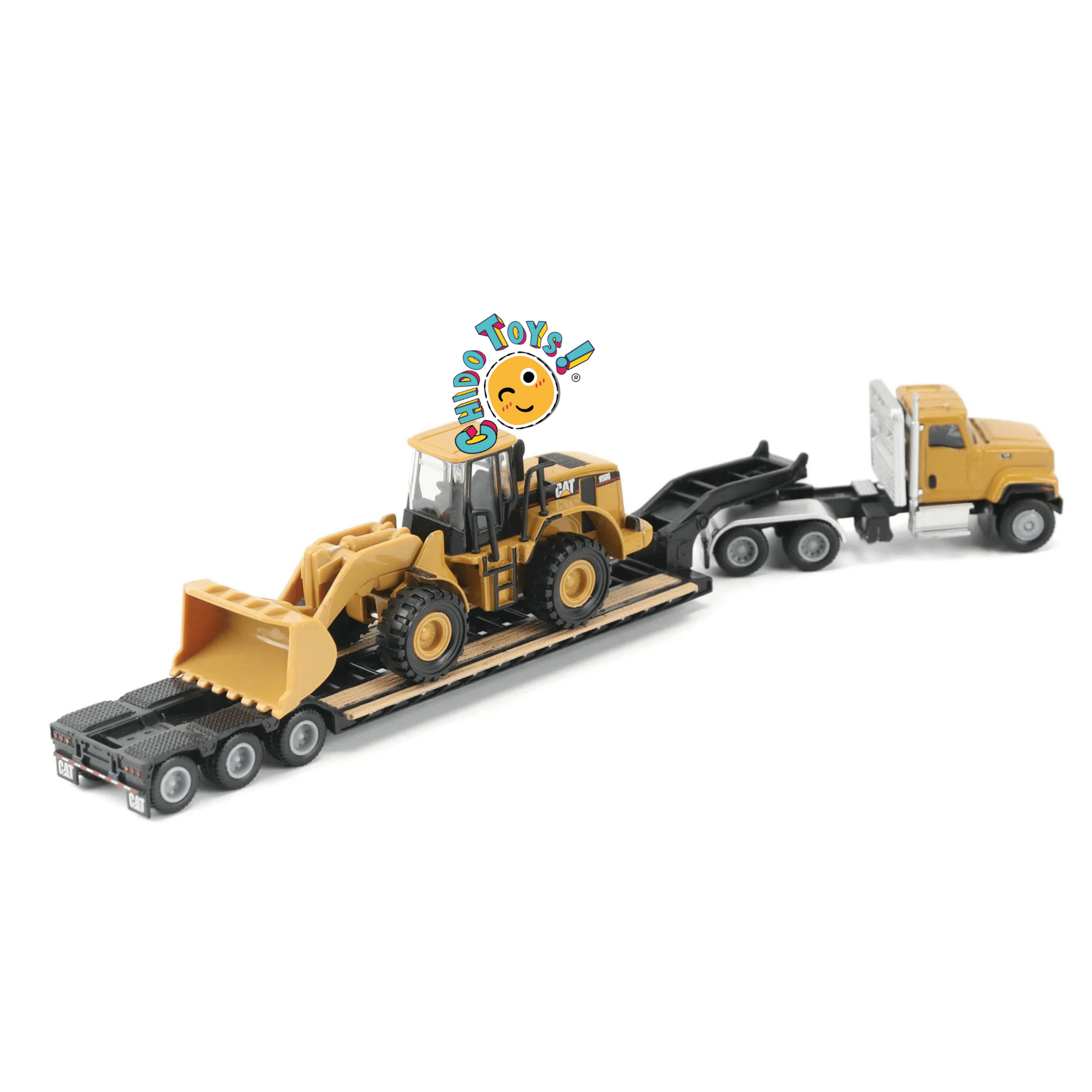 CAT Semi tractor con lowboy y cargador frontal 1:87 diecast - Chido Toys
