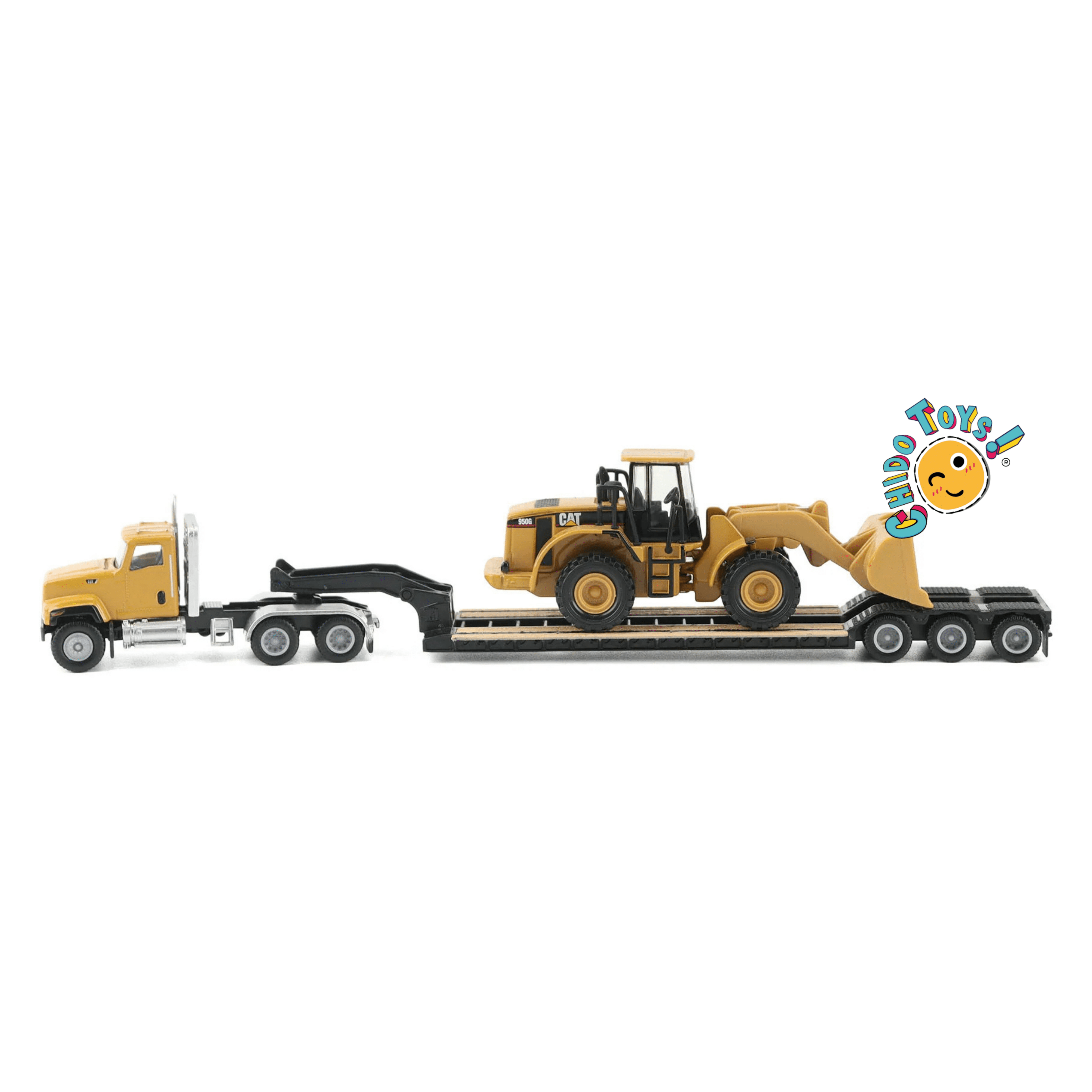 CAT Semi tractor con lowboy y cargador frontal 1:87 diecast - Chido Toys