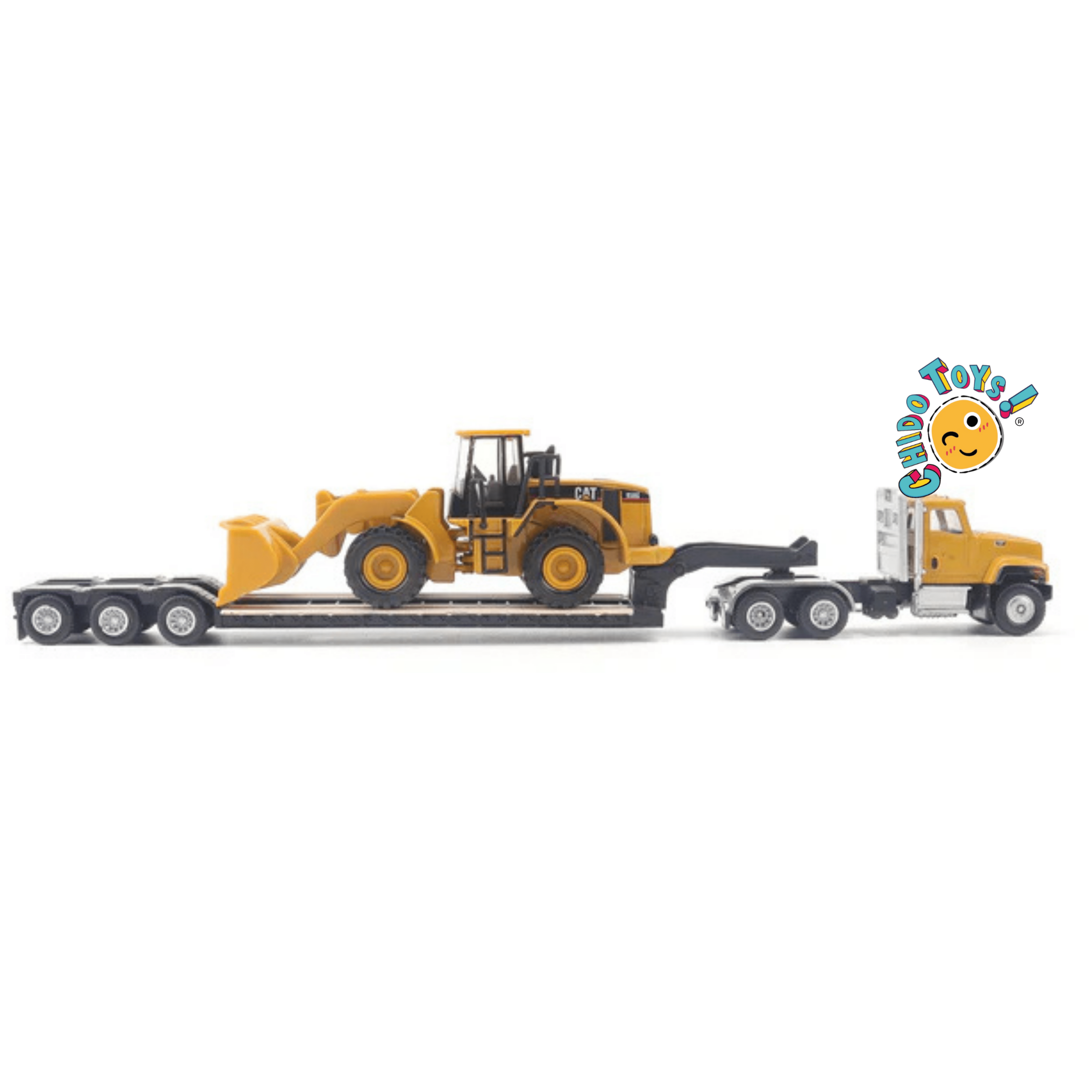 CAT Semi tractor con lowboy y cargador frontal 1:87 diecast - Chido Toys