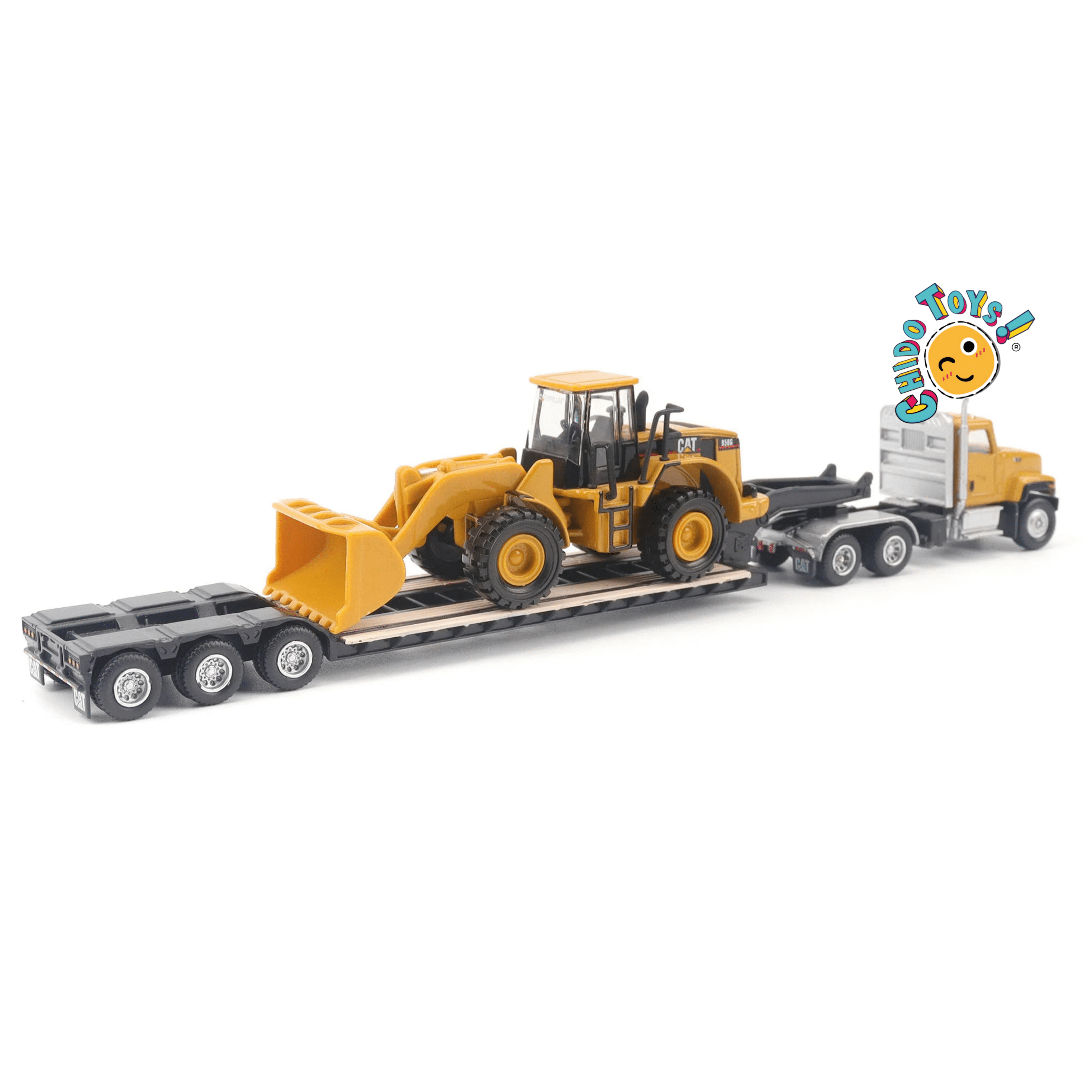 CAT Semi tractor con lowboy y cargador frontal 1:87 diecast - Chido Toys