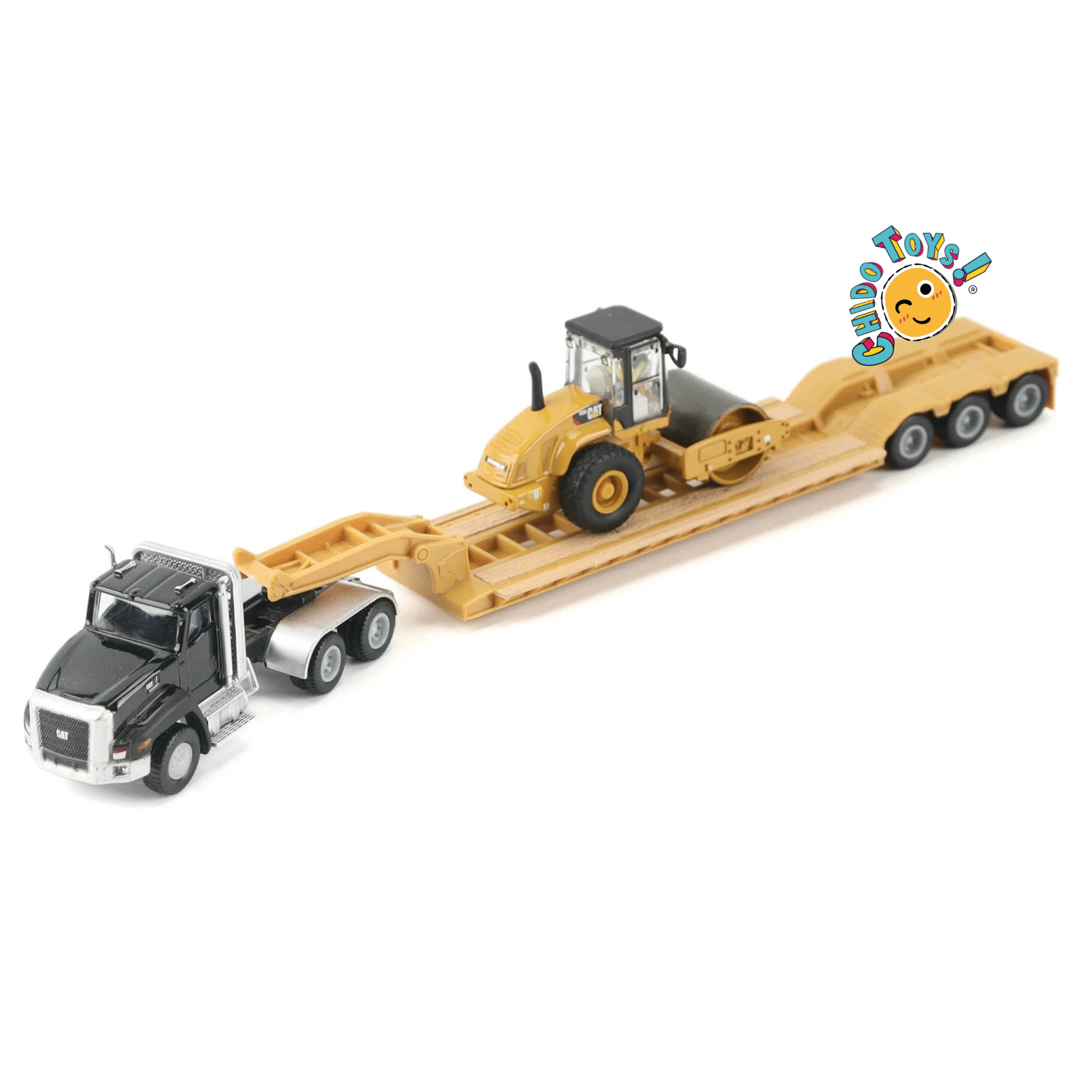 CAT Semi tractor con lowboy y rodillo Padfoot 1:87 diecast - Chido Toys