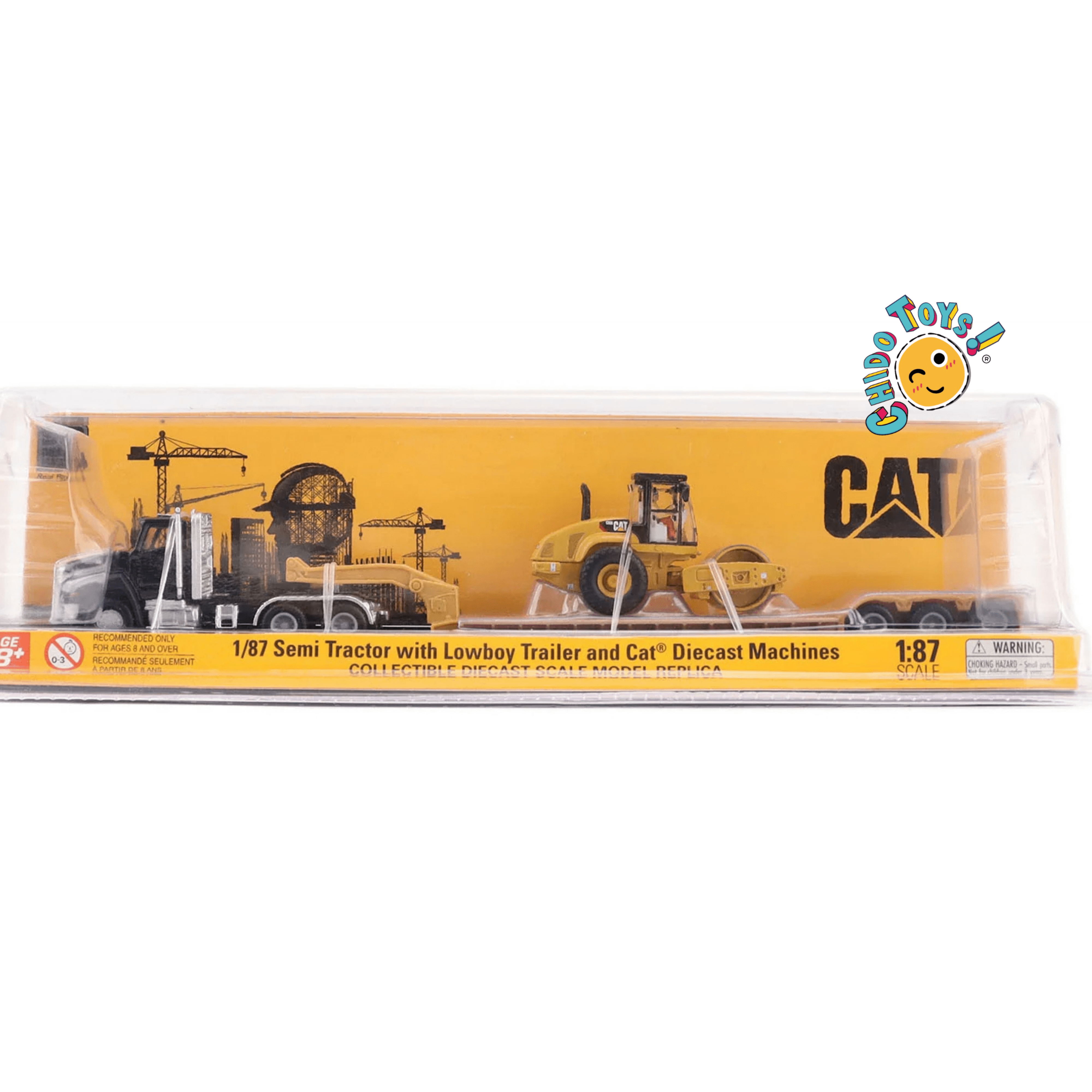 CAT Semi tractor con lowboy y rodillo Padfoot 1:87 diecast - Chido Toys