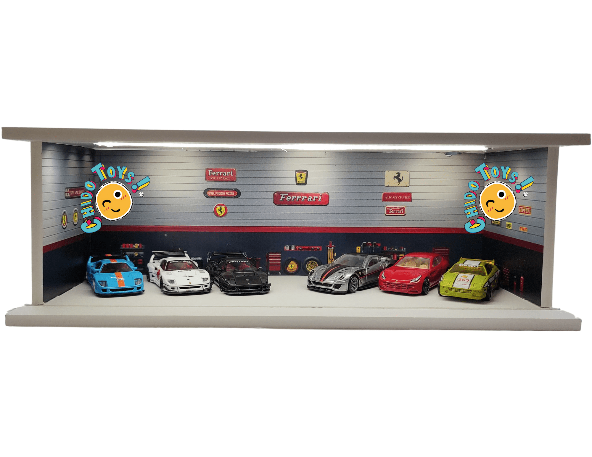 Diorama de Taller 1:64 con Iluminación LED y Puerta de Acrílico – Exhibición Premium - Chido Toys