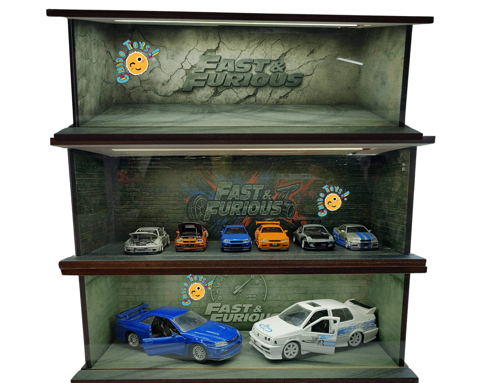 Diorama Furiosos con Iluminación LED y Puerta Acrílica – Ideal para Escalas 1:64 y 1:32, varios modelos - Chido Toys