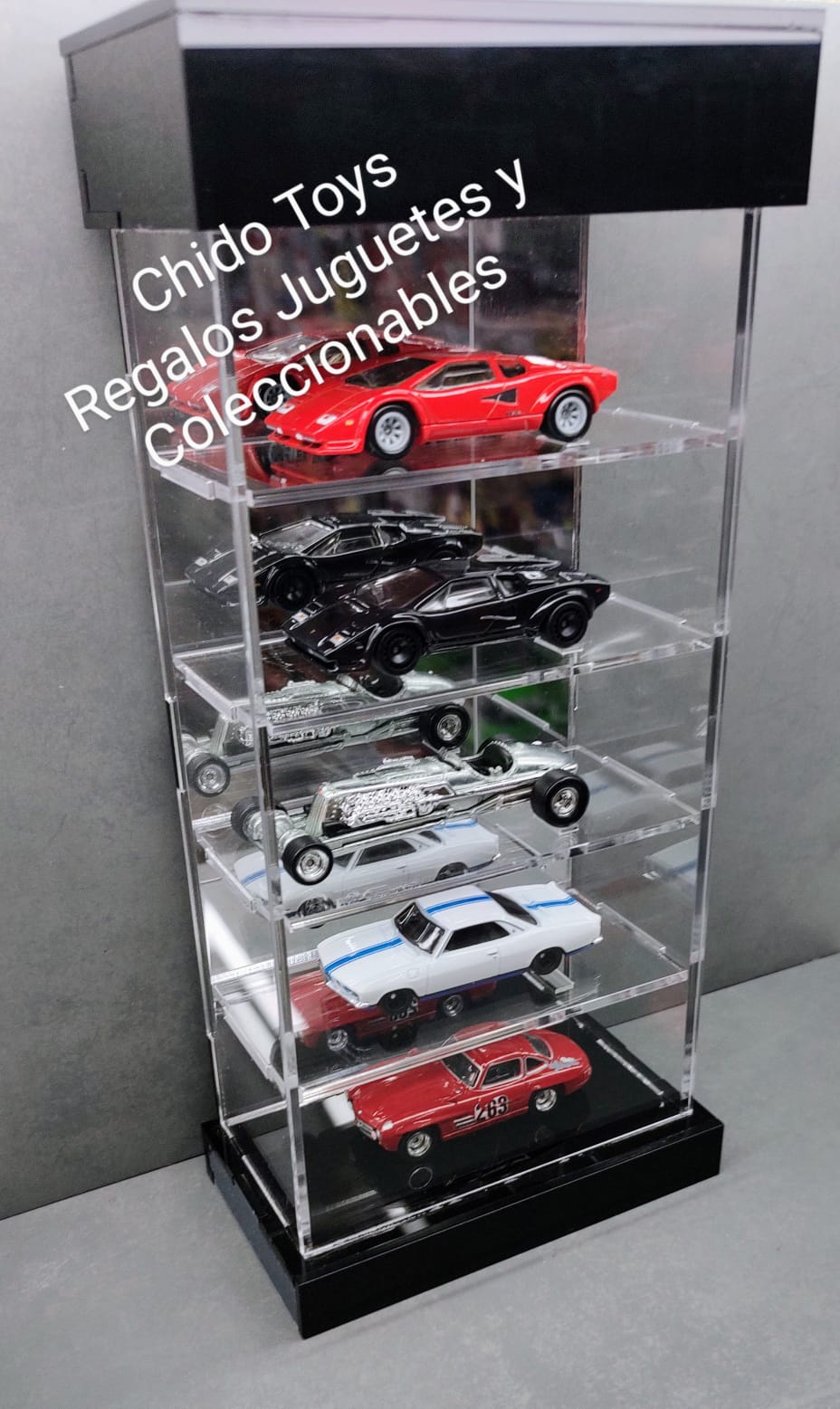 Exhibidor de acrílico para 5 autos a escala 1:64 - Chido Toys