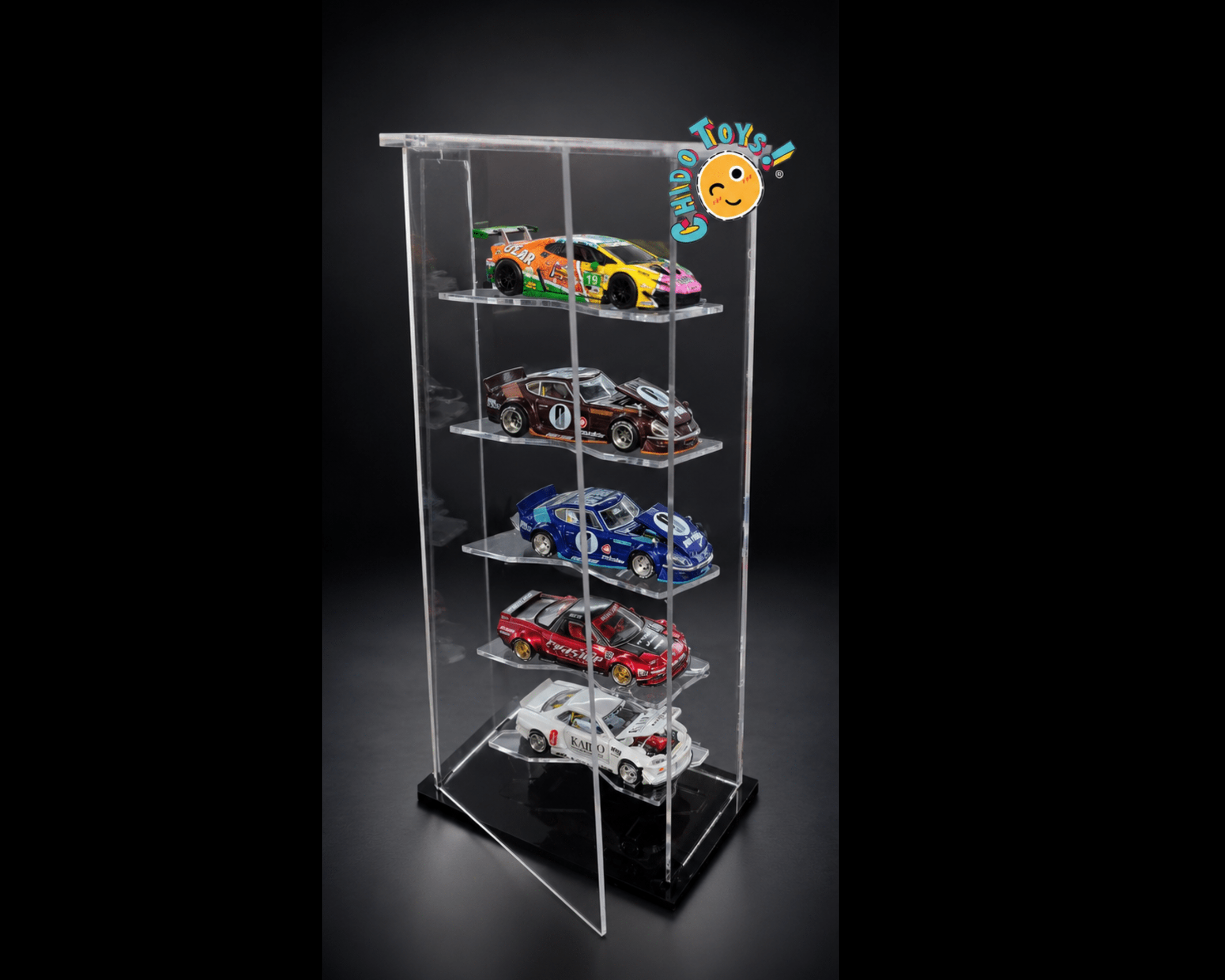 Exhibidor de Acrílico para escalas 1:64 para 5 Espacios con Puerta Frontal - Chido Toys
