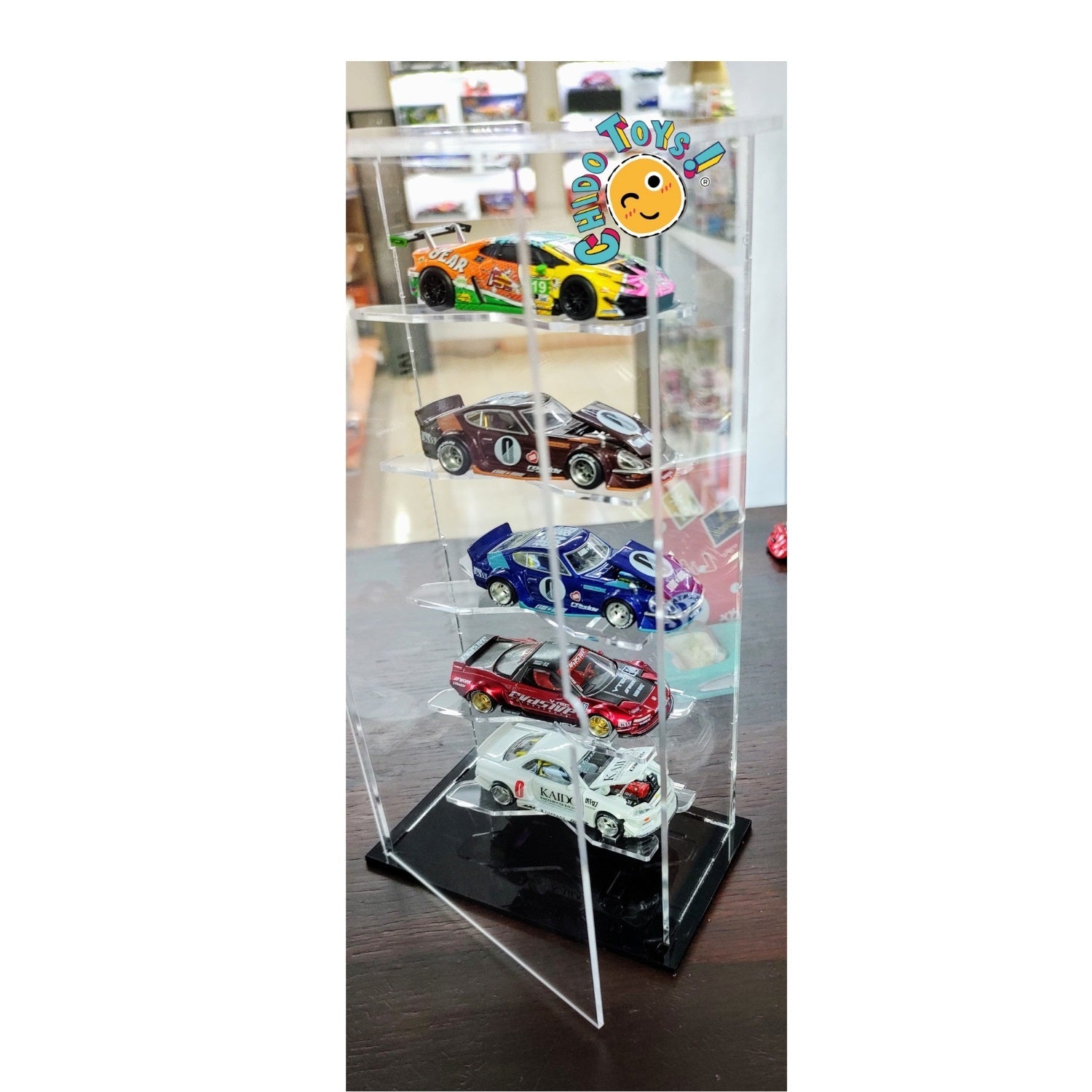 Exhibidor de Acrílico para escalas 1:64 para 5 Espacios con Puerta Frontal - Chido Toys