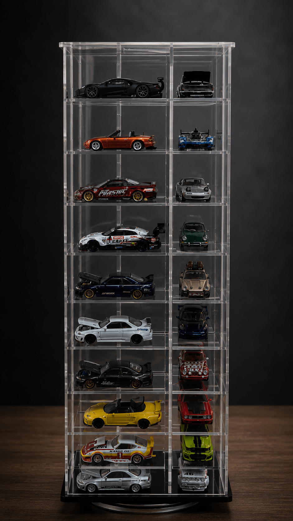 Exhibidor Giratorio Acrílico para 40 Autos 1:64 con Puertas - Chido Toys