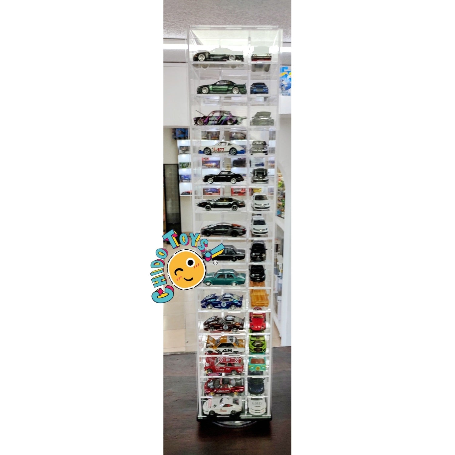 Exhibidor Giratorio de Acrílico para 60 Autos 1/64 – Solución Práctica y Elegante - Chido Toys