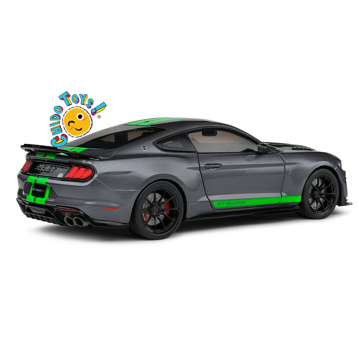 Ford Mustang Shelby GT500R Gris con Franjas Verdes – Sólido 1/18 - Chido Toys
