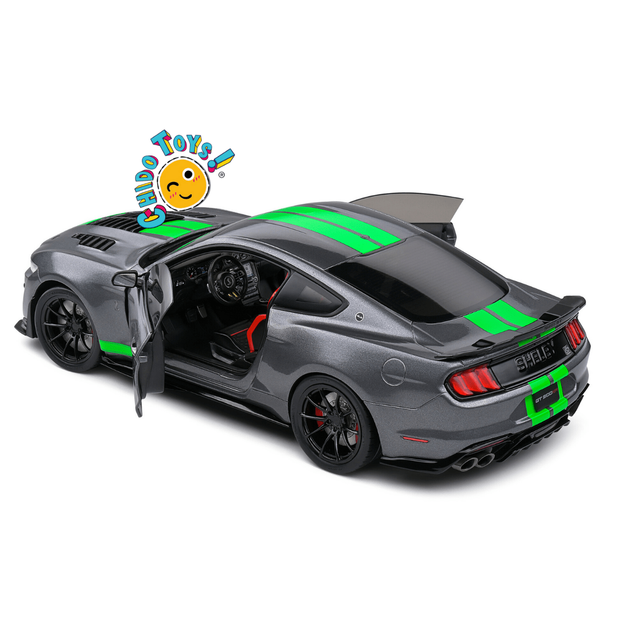 Ford Mustang Shelby GT500R Gris con Franjas Verdes – Sólido 1/18 - Chido Toys