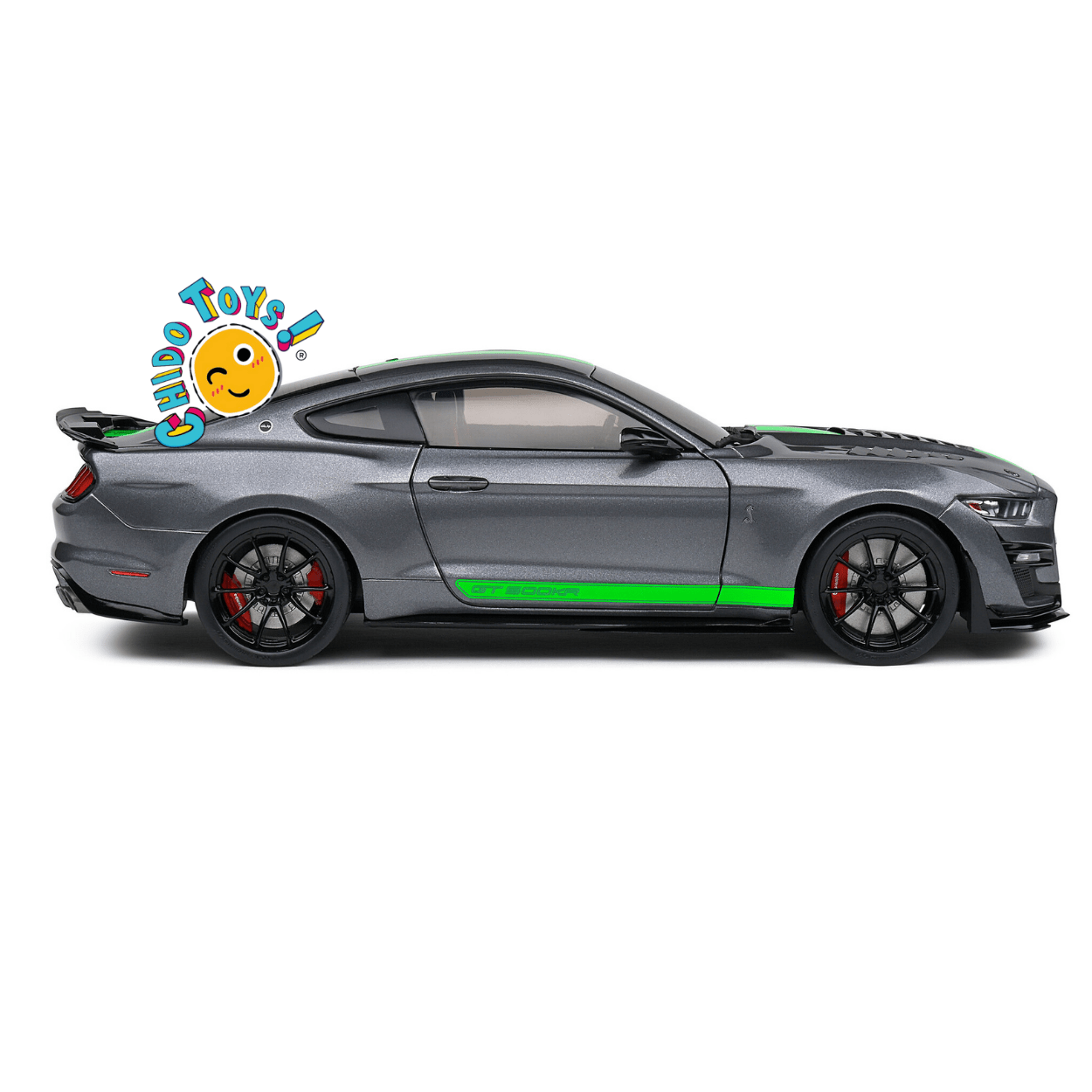 Ford Mustang Shelby GT500R Gris con Franjas Verdes – Sólido 1/18 - Chido Toys