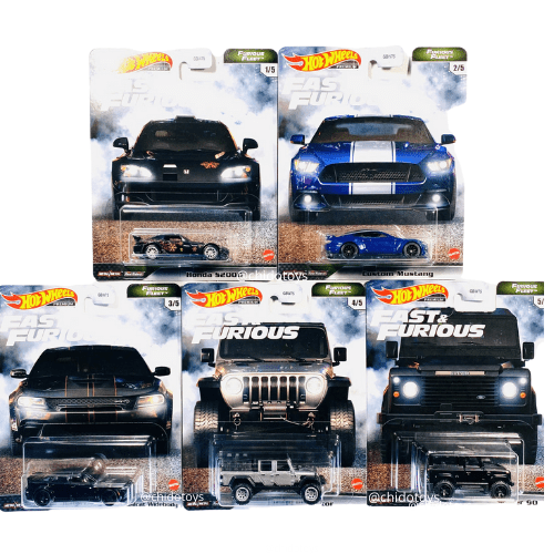 Set Hot Wheels Premium Furious Fleet Fast & Furious 1:64 con protectores, serie completa de 5 autos.