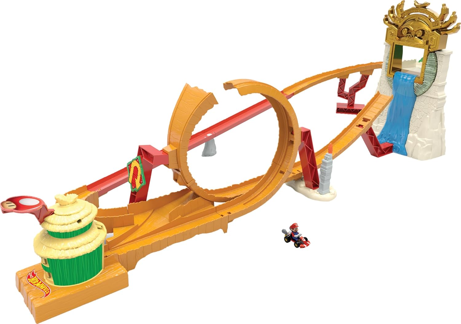Hot Wheels Super Mario Bros Jungle Kingdom Raceway – Pista con Loop, Cascada y Vehículo Die - Cast de Mario - Chido Toys