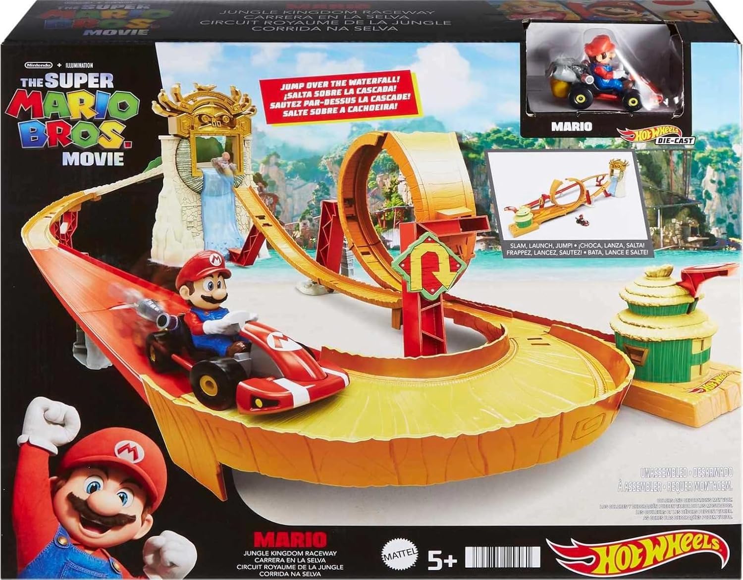 Hot Wheels Super Mario Bros Jungle Kingdom Raceway – Pista con Loop, Cascada y Vehículo Die - Cast de Mario - Chido Toys