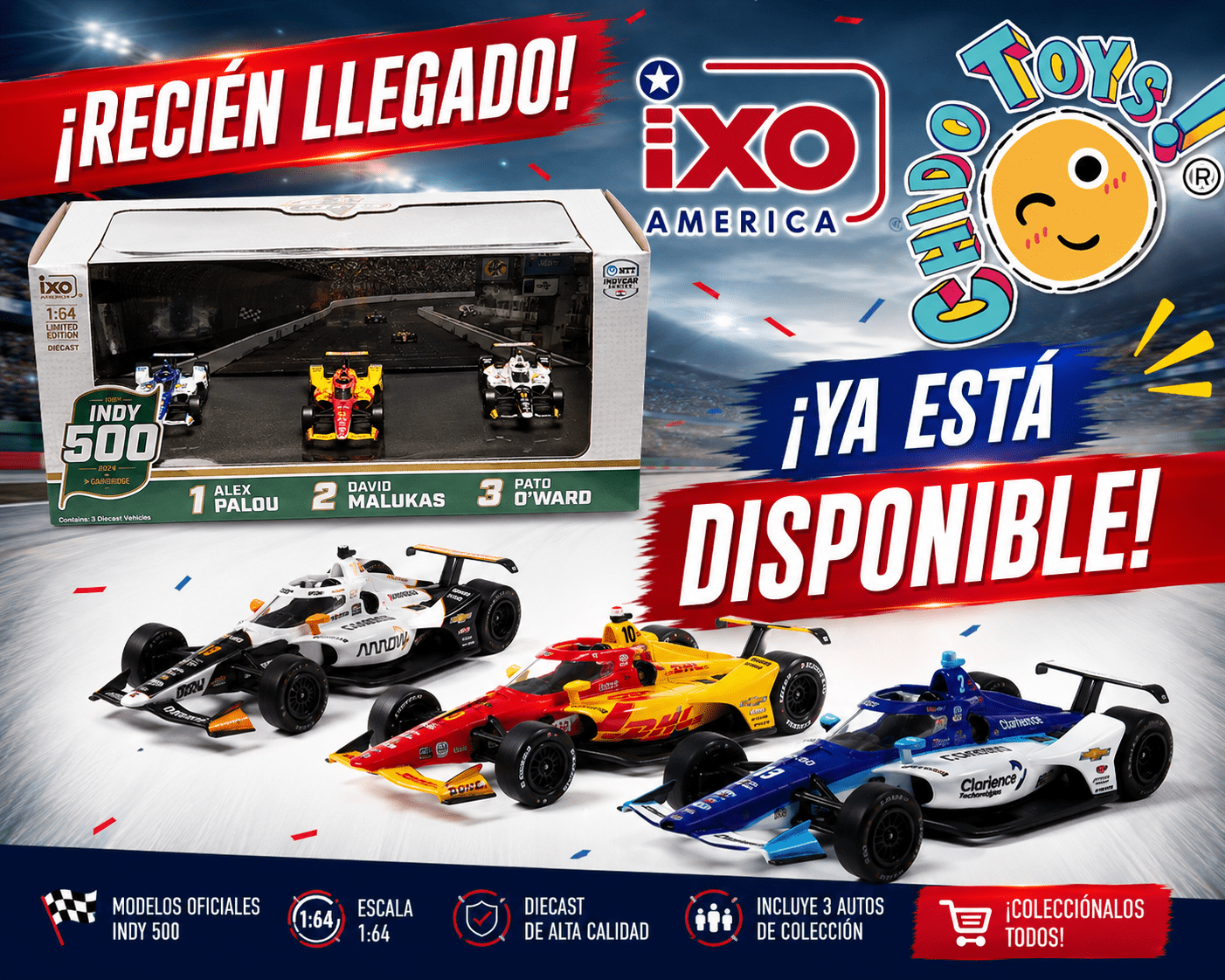IXO America Indy 500 Set 3 Autos 1:64 Edición Limitada - Chido Toys