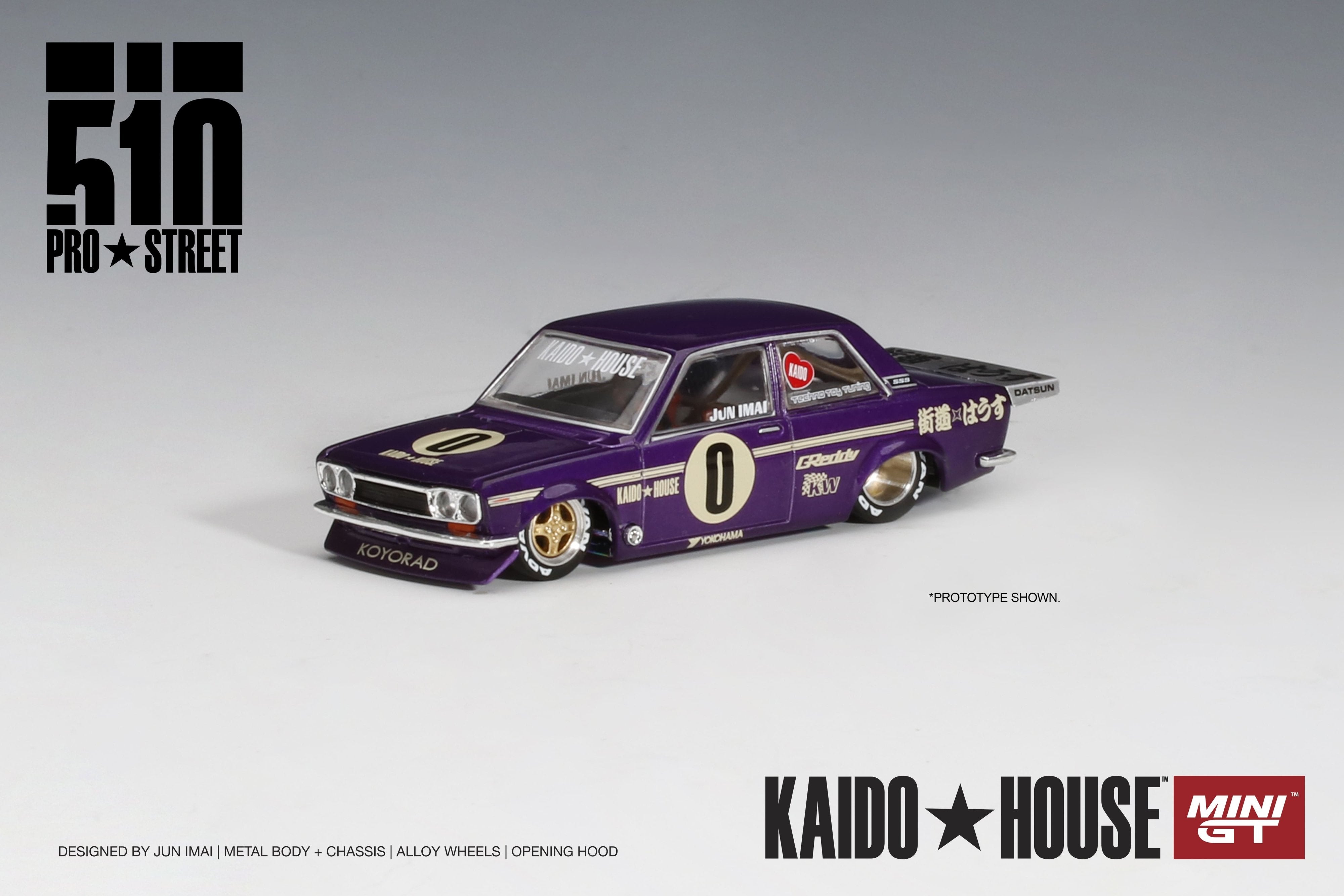 Kaido House 002 Datsun 510 Pro Street 1:64 morado rines dorados Primera edición - Chido Toys