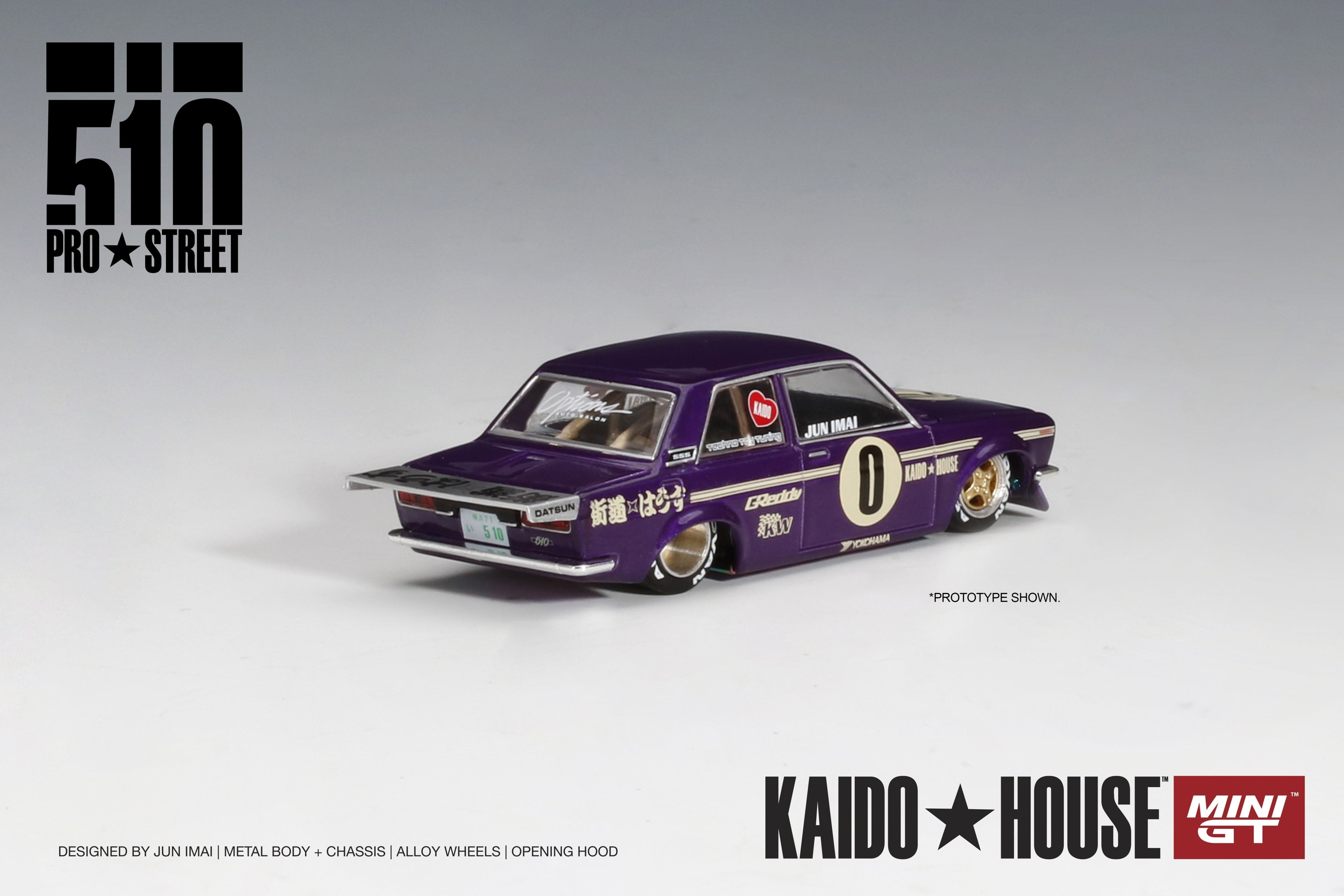 Kaido House 002 Datsun 510 Pro Street 1:64 morado rines dorados Primera edición - Chido Toys