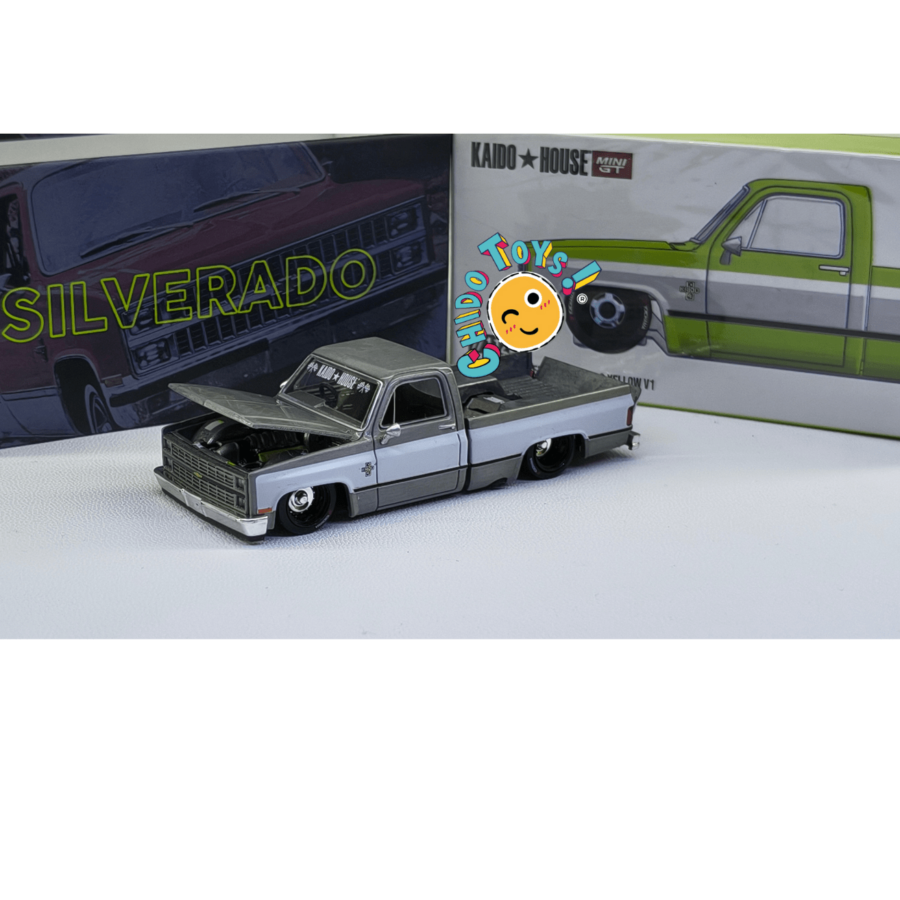 Kaido House × Mini GT – Chevrolet Silverado Dually Grey/Black