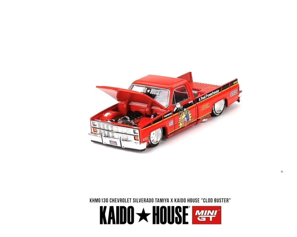Kaido House x Mini GT Chevrolet Silverado "Clod Buster" – Escala 1:64 con Cofre y Tapa de Caja Abiertos - Chido Toys