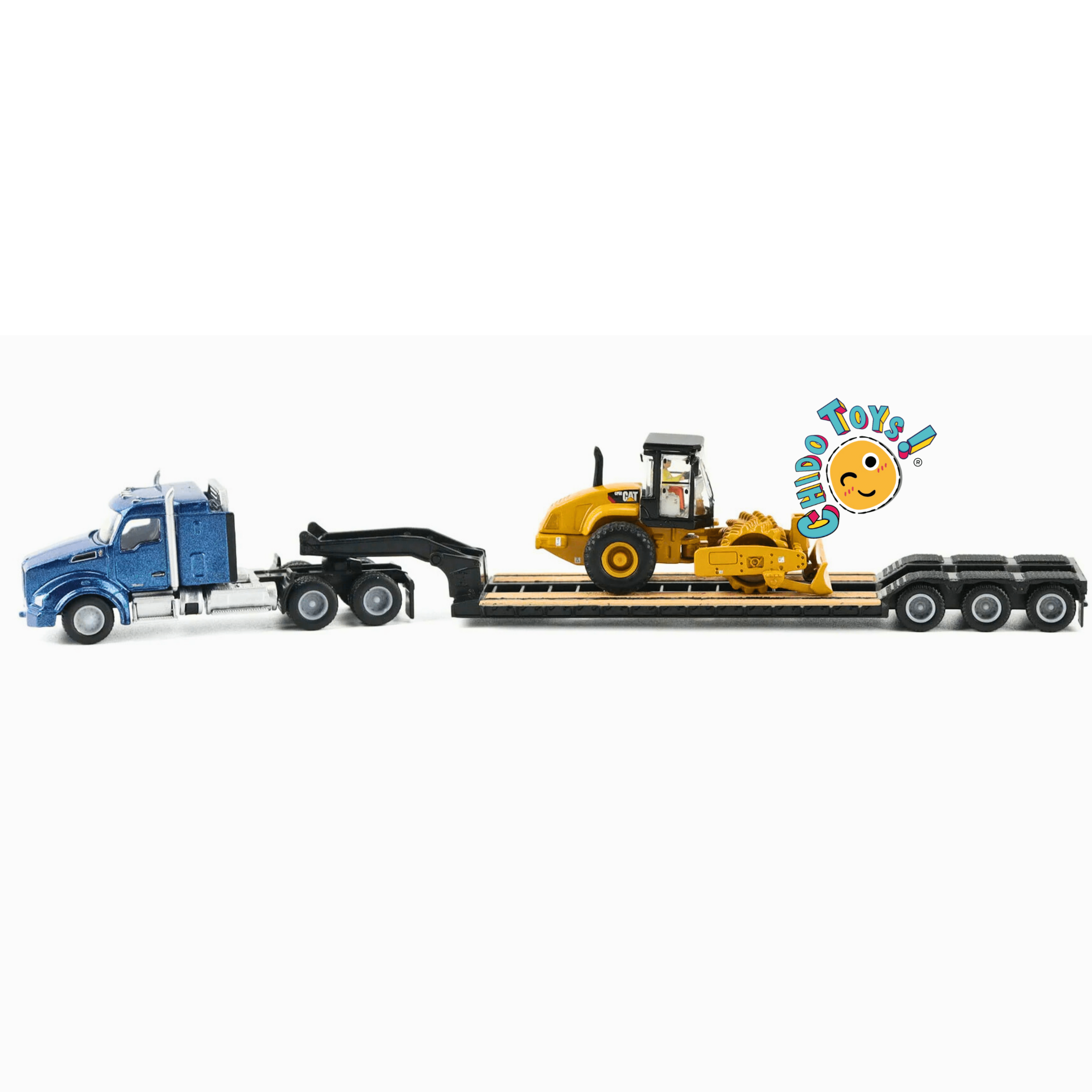 Kenworth T880 azul con lowboy y rodillo CAT 1:87 diecast - Chido Toys