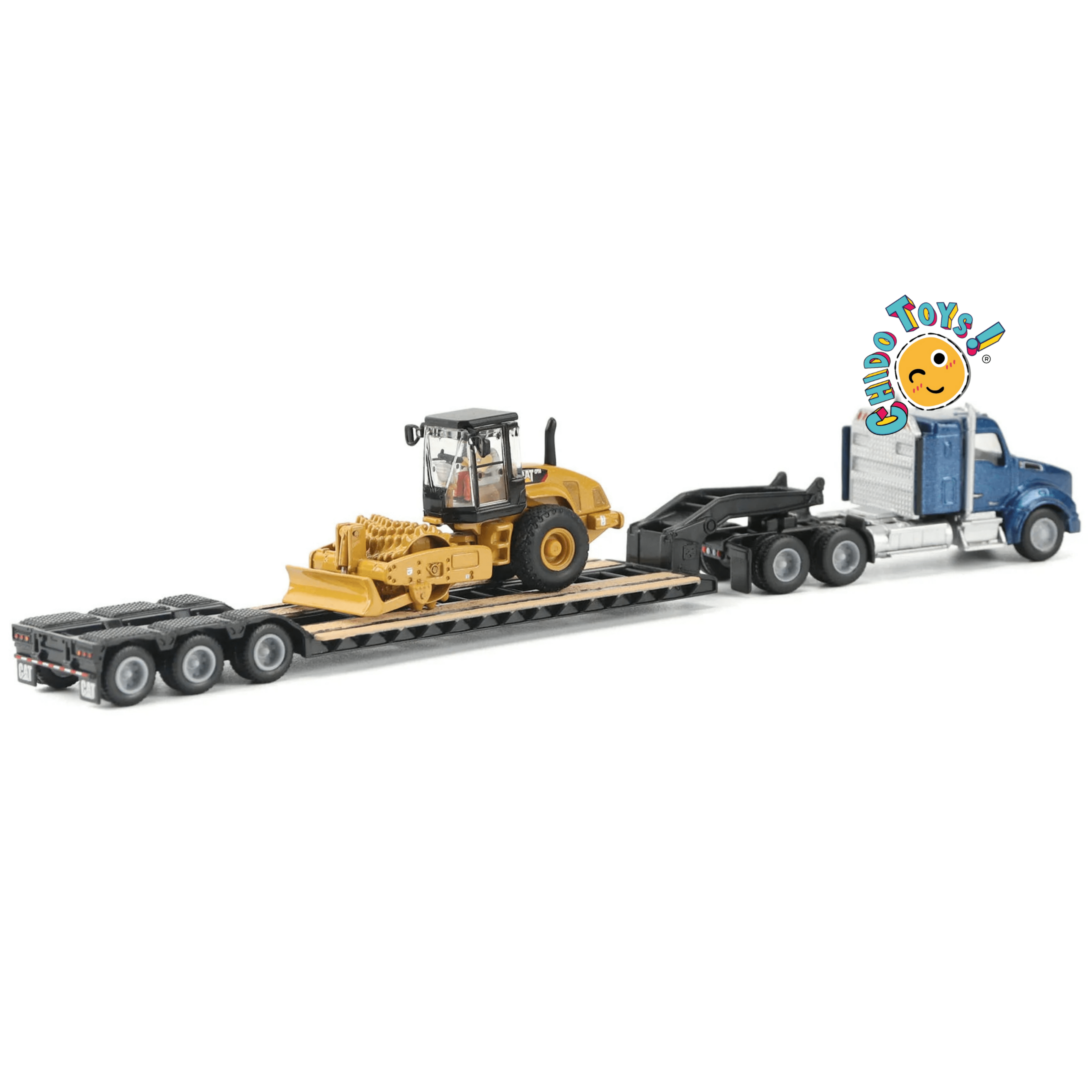 Kenworth T880 azul con lowboy y rodillo CAT 1:87 diecast - Chido Toys