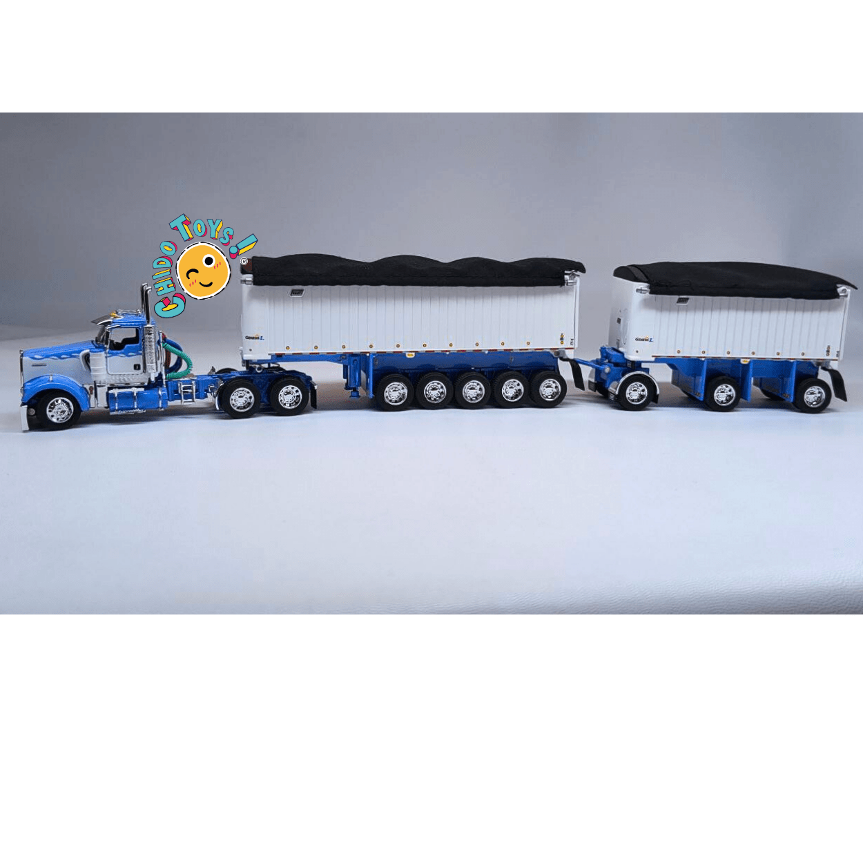 Kenworth W900L con doble tolva East Dump Trailer a escala 1:64 DCP – Réplica metálica con cofre abatible - Chido Toys