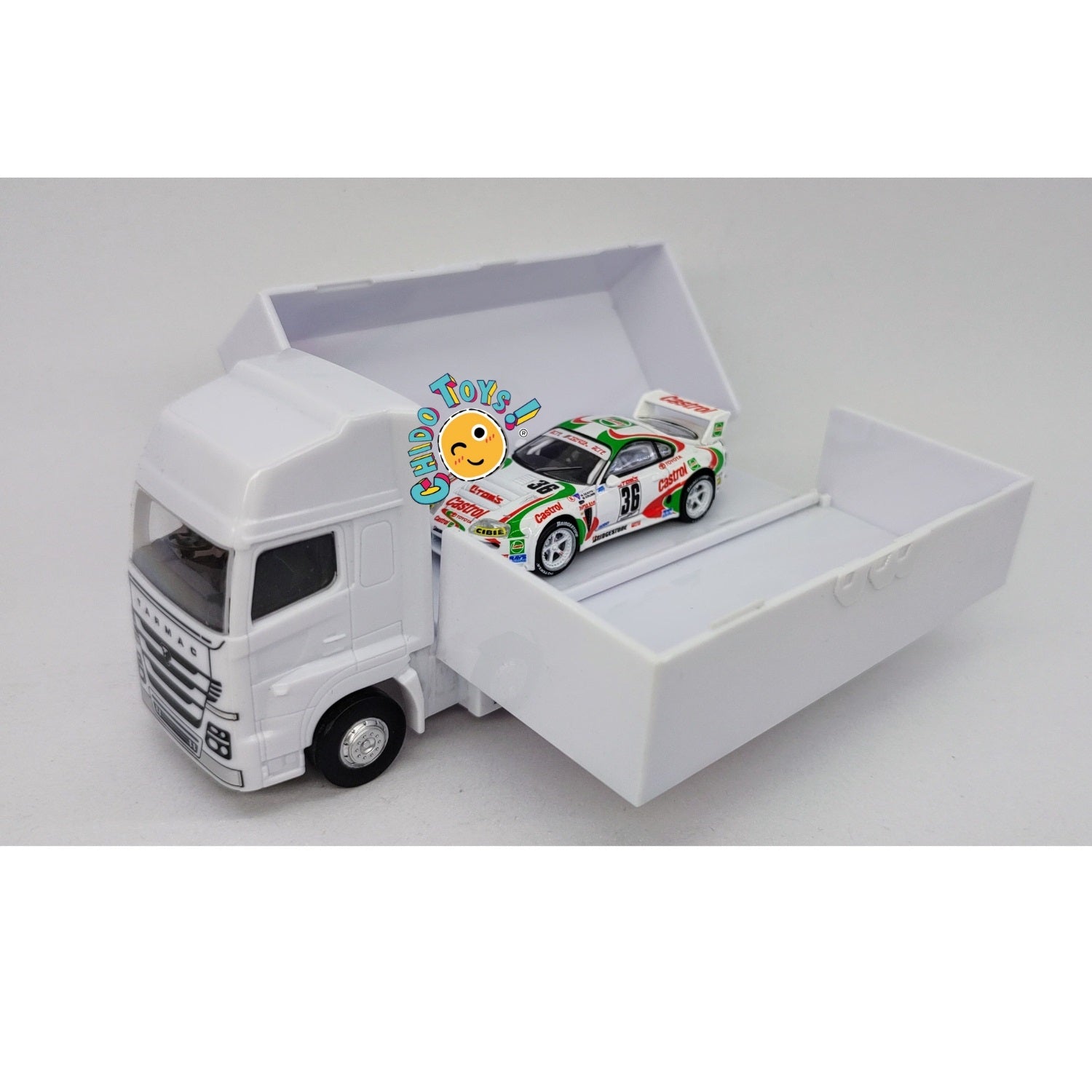 Auto a escala marca Tarmac Works, Modelo Toyota Supra GT JGTC 1995 M. Sekiya / M. Krumm con embalaje de camión