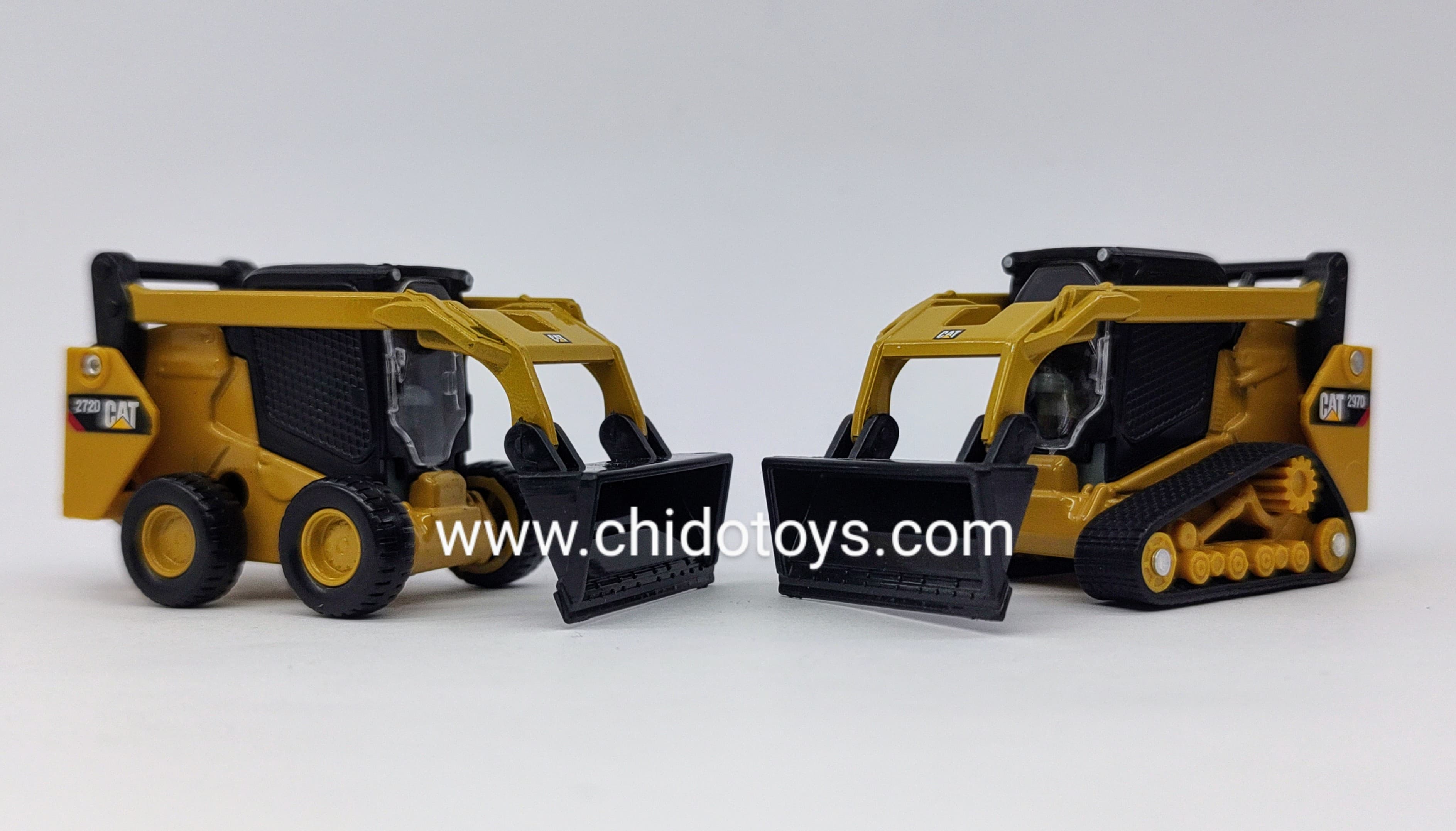 Maquinaria Pesada a escala marca CAT, Modelo Minicargador Cat 272D2 y cargador compacto de cadenas Cat 297D2, paquete doble - Chido Toys