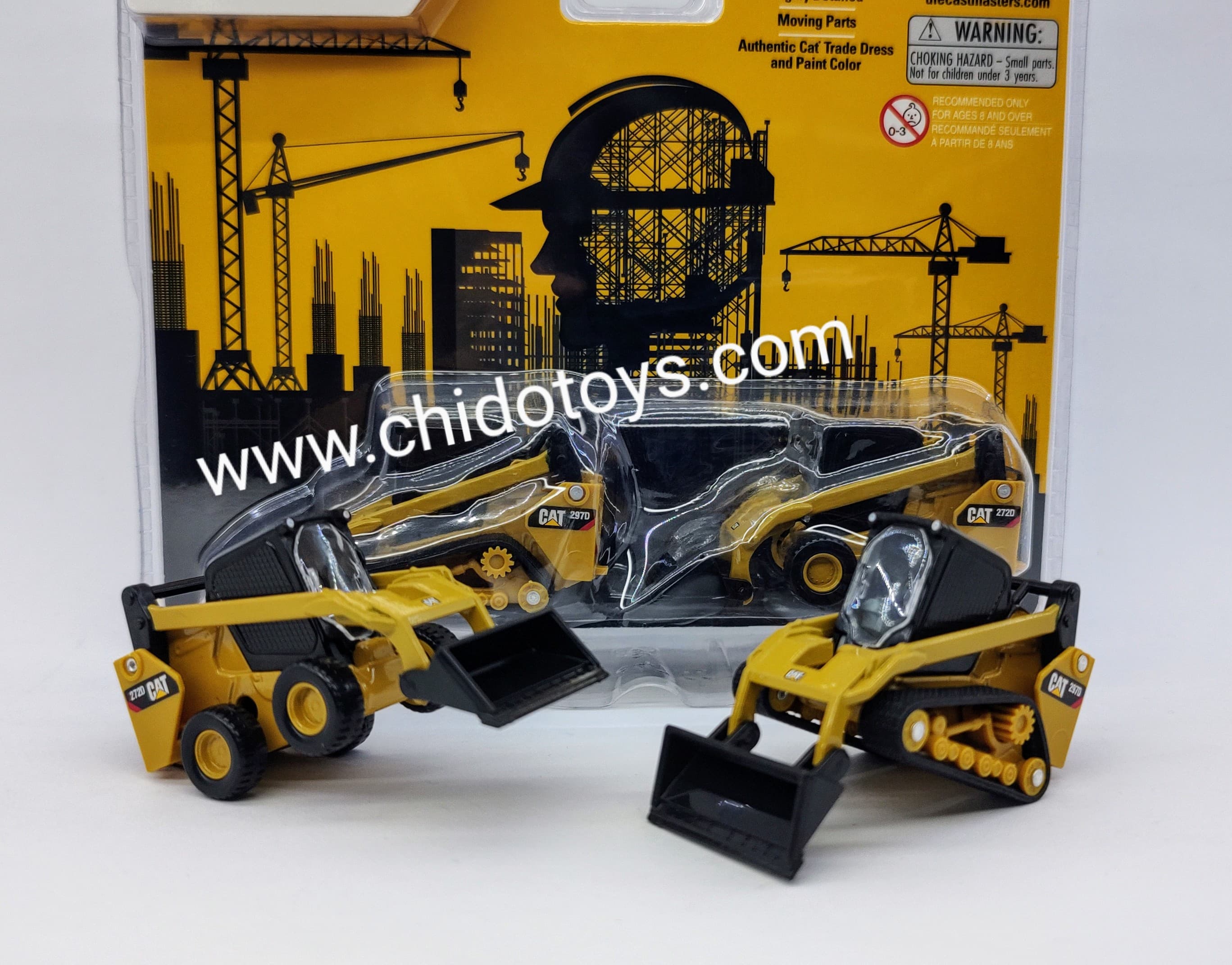 Maquinaria Pesada a escala marca CAT, Modelo Minicargador Cat 272D2 y cargador compacto de cadenas Cat 297D2, paquete doble - Chido Toys
