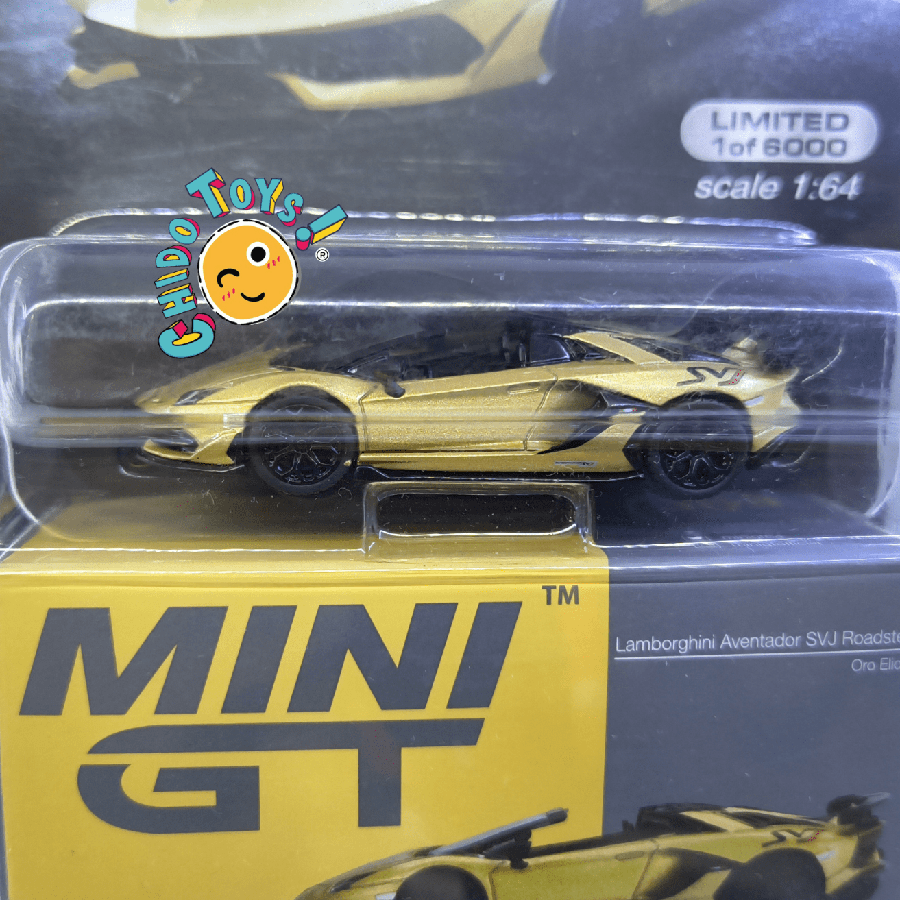 Mini GT 363 Lamborghini Aventador SVJ Roadster 1:64 Oro Elios - Chido Toys