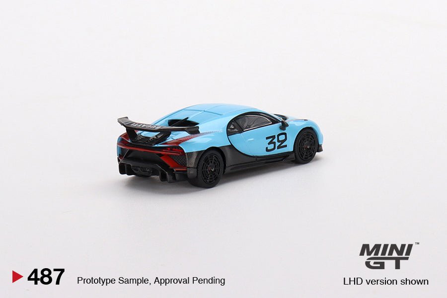 Mini GT Bugatti Divo 1:64 azul racing 32 con alerón - Chido Toys