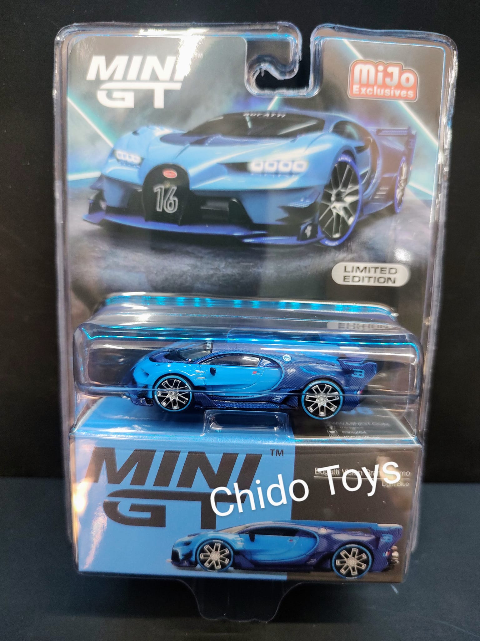 Mini GT Bugatti Vision Gran Turismo 1:64 azul carbono - Chido Toys