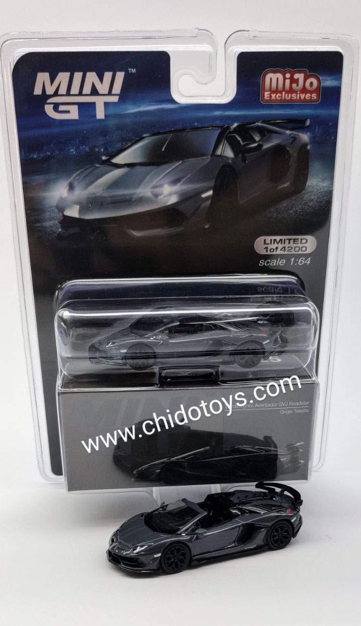 Mini GT Lamborghini Aventador SVJ Roadster 1:64 Grigio Telesto – MiJo Exclusive (Limited 1/4200) - Chido Toys