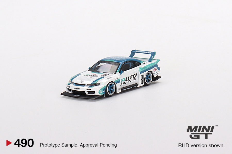 Mini GT LBWK Nissan Silvia S15 1:64 Auto Finesse blanco/teal - Chido Toys