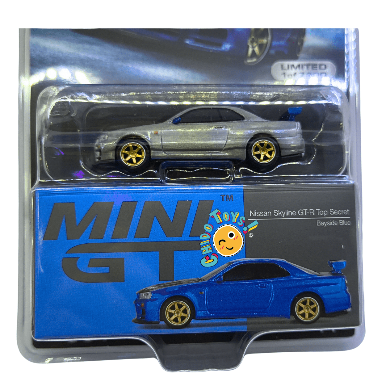 Mini GT × MiJo – Nissan Skyline GT - R R34 “Top Secret” CHASE (Silver/Gold) 1:64 - Chido Toys