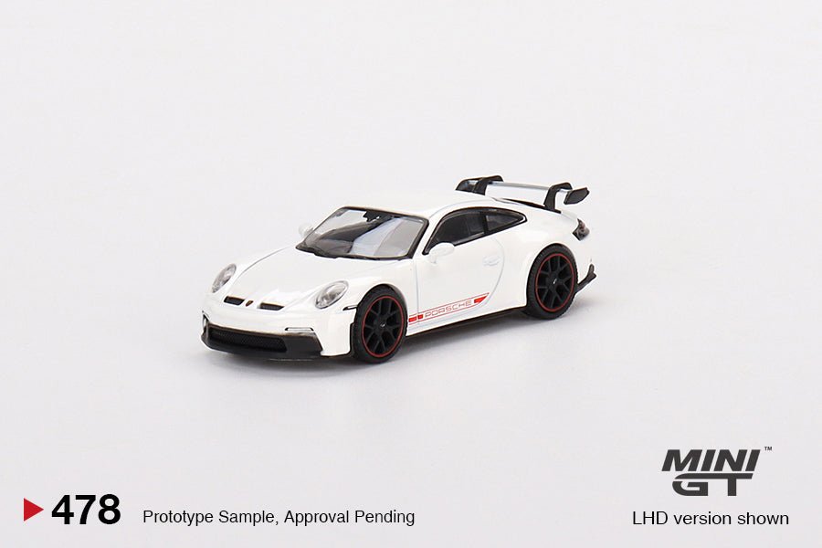 Mini GT Porsche 911 GT3 1:64 blanco con franjas rojas - Chido Toys