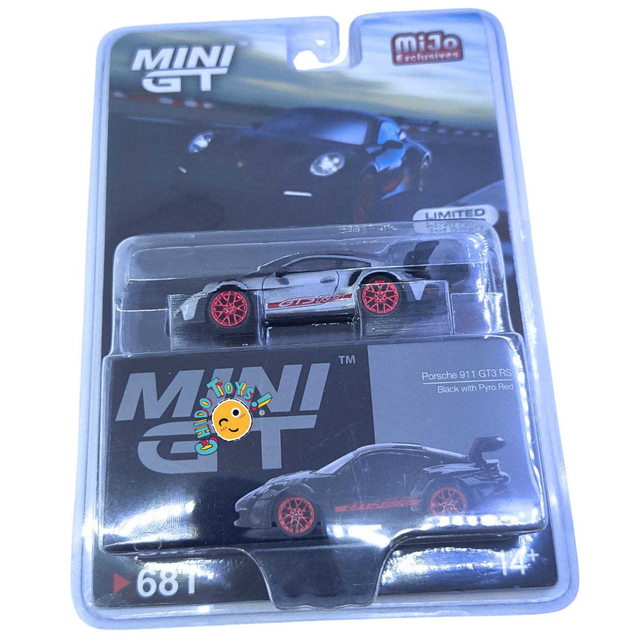 Mini GT Porsche 911 GT3 RS CHASE 1:64 negro Pyro Red - Chido Toys