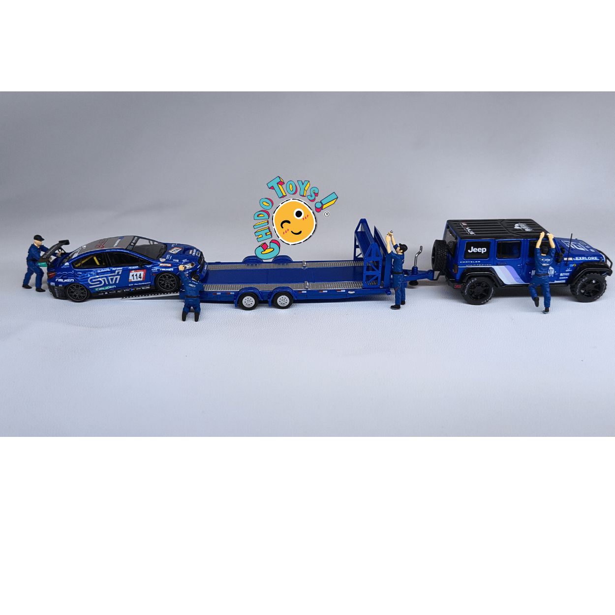 Mini Station set Jeep + Subaru STI 1:64 con remolque y capelo - Chido Toys