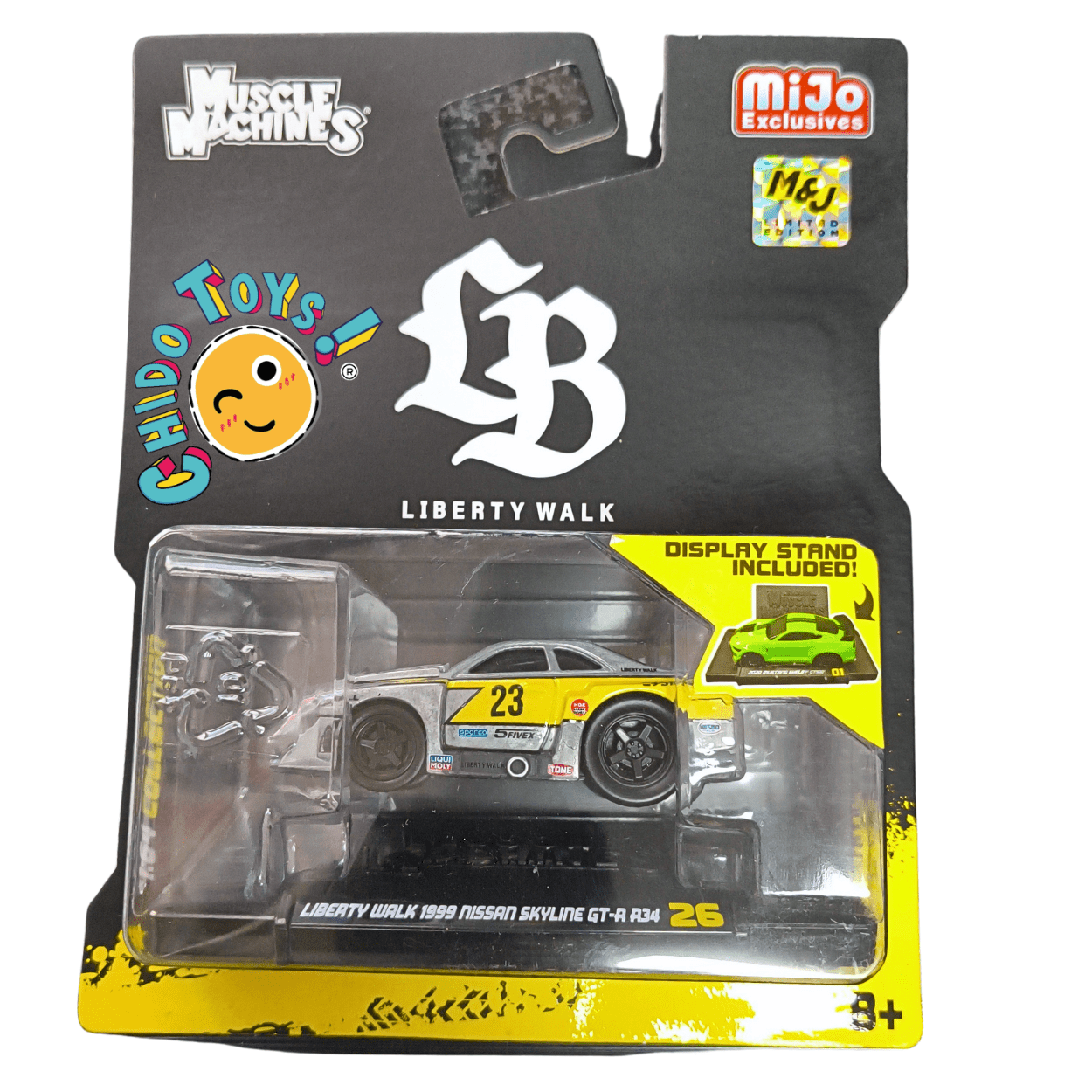 Muscle Machines Liberty Walk Nissan Skyline GT - R R34 23 – MiJo Exclusives – Edición Chase – Incluye Base Exhibidora - Chido Toys