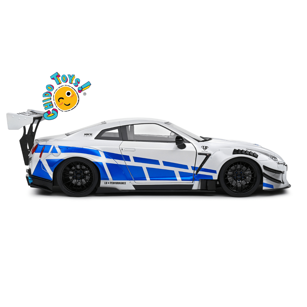 Nissan GT - R R35 Liberty Walk Blanco/Azul – Tributo Fast & Furious – Escala 1:18 Solido - Chido Toys