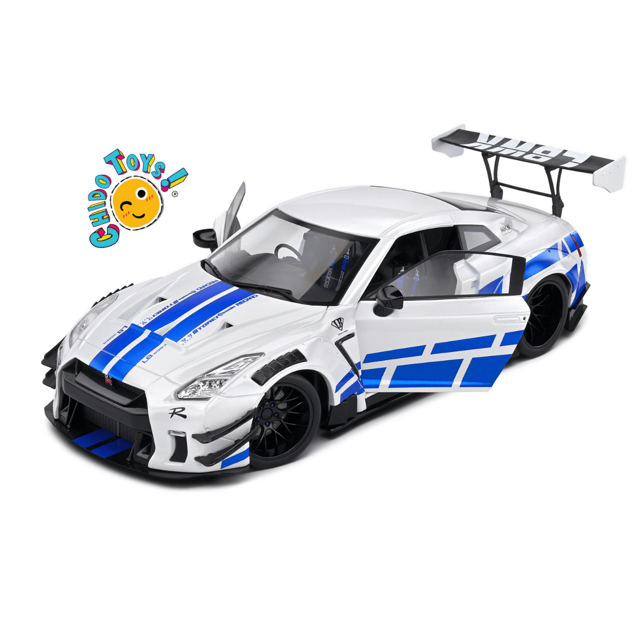 Nissan GT - R R35 Liberty Walk Blanco/Azul – Tributo Fast & Furious – Escala 1:18 Solido - Chido Toys