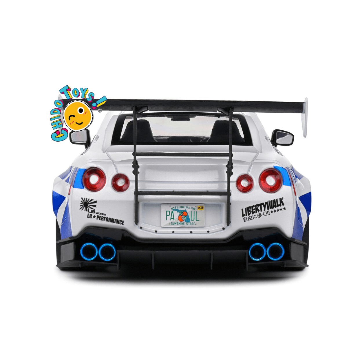 Nissan GT - R R35 Liberty Walk Blanco/Azul – Tributo Fast & Furious – Escala 1:18 Solido - Chido Toys