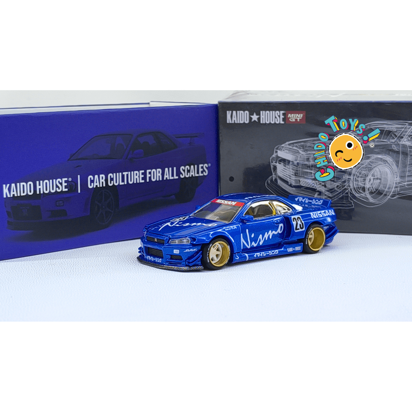 Nissan Skyline GT - R R34 Kaido House x Mini GT Nismo 23 – Versión CHASE – Escala 1:64 - Chido Toys
