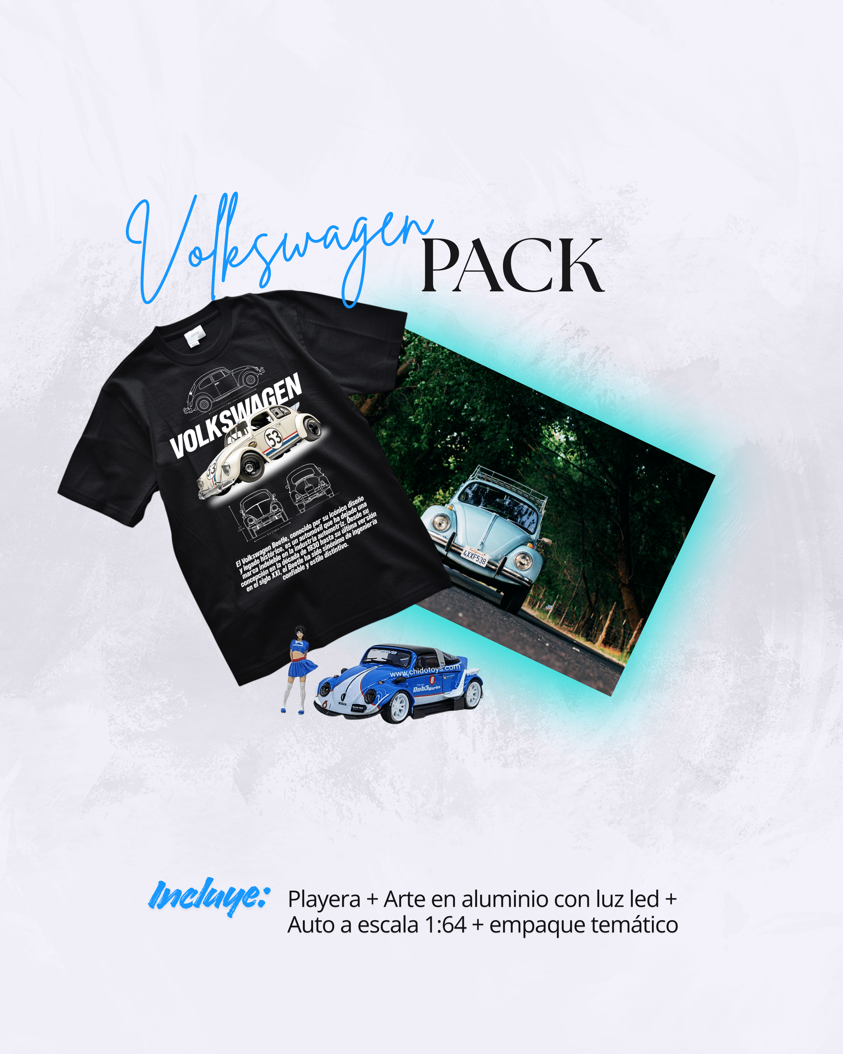 Pack Beetle– Playera+ Arte en Aluminio con LED + Auto 1:64 con figura + Empaque temático - Chido Toys