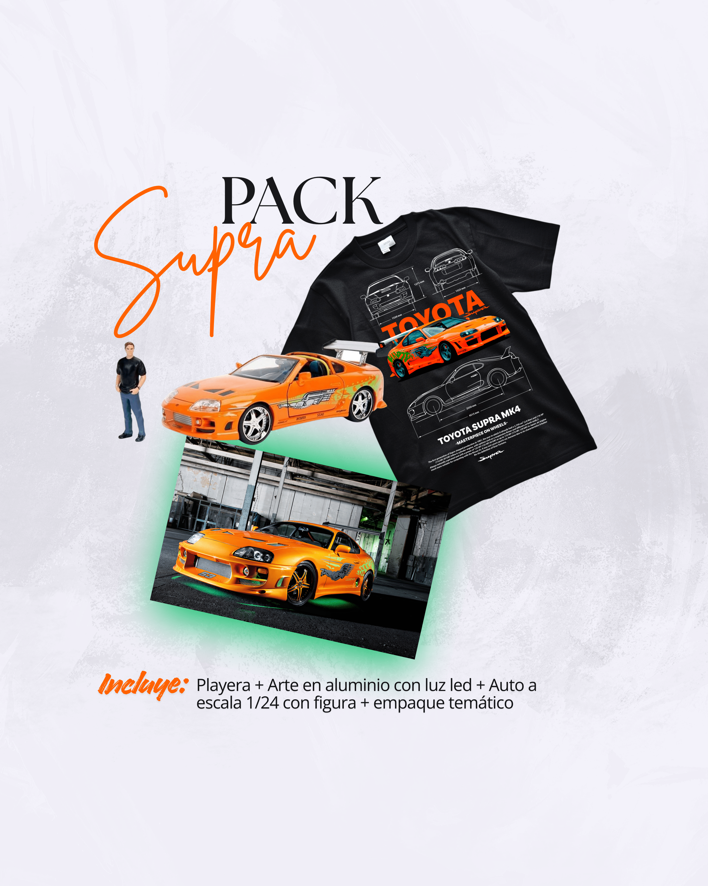 Pack Supra – Playera+ Arte en Aluminio con LED + Auto 1:24 con figura + Empaque temático - Chido Toys