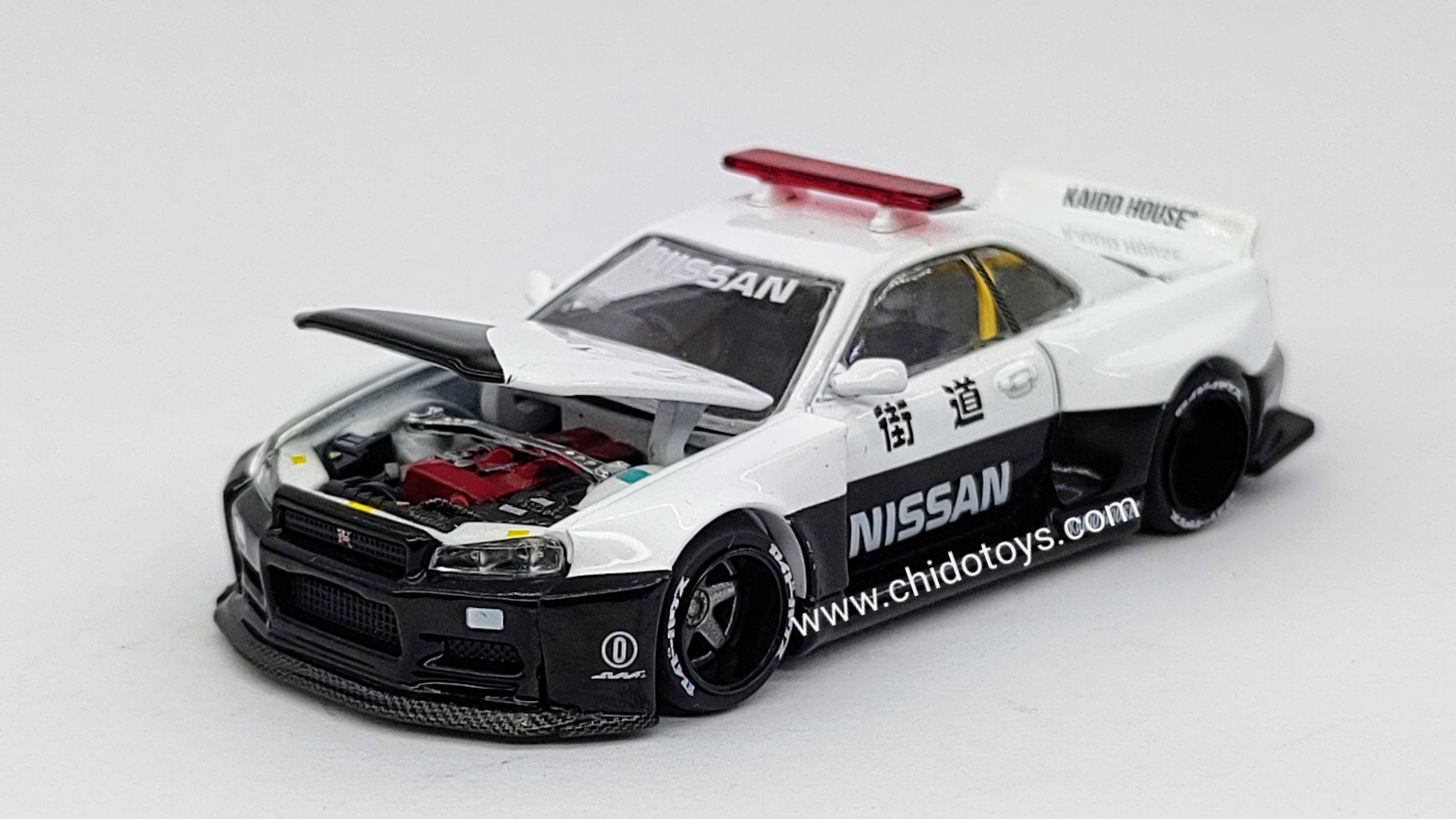 Patrulla a escala marca Kaido House, Modelo Nissan Skyline GT - R (R34) V2 AERO (JAPAN POLICE) - Chido Toys