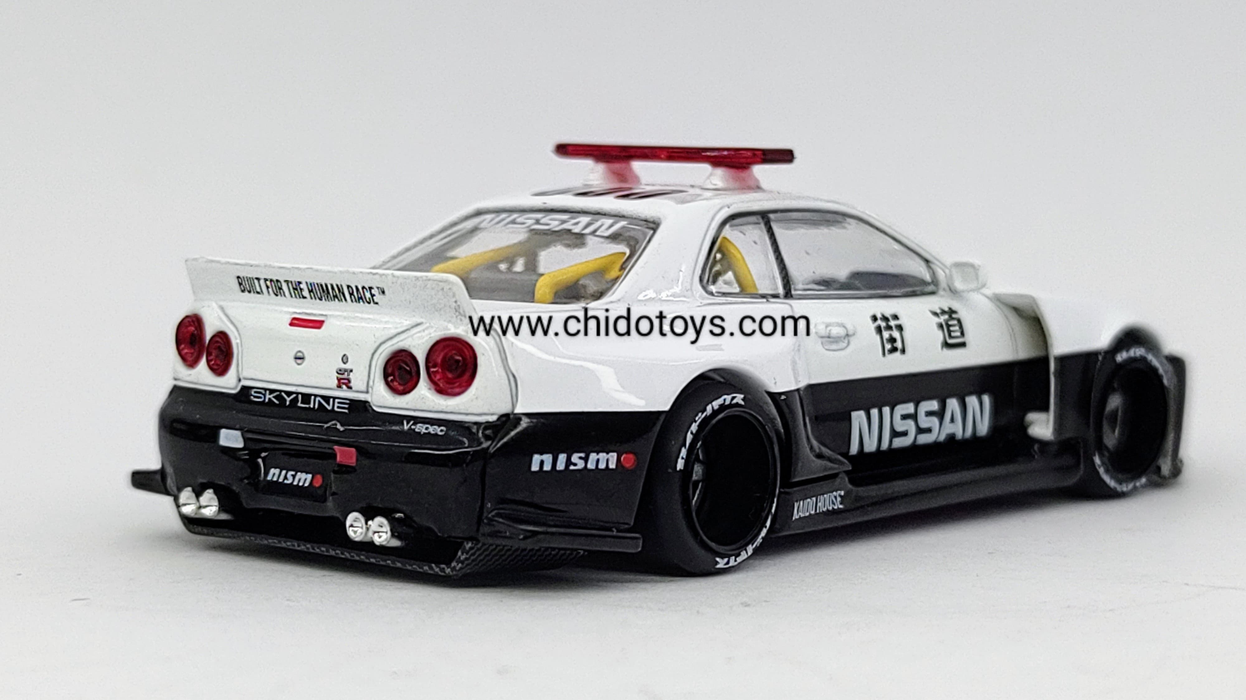 Patrulla a escala marca Kaido House, Modelo Nissan Skyline GT - R (R34) V2 AERO (JAPAN POLICE) - Chido Toys